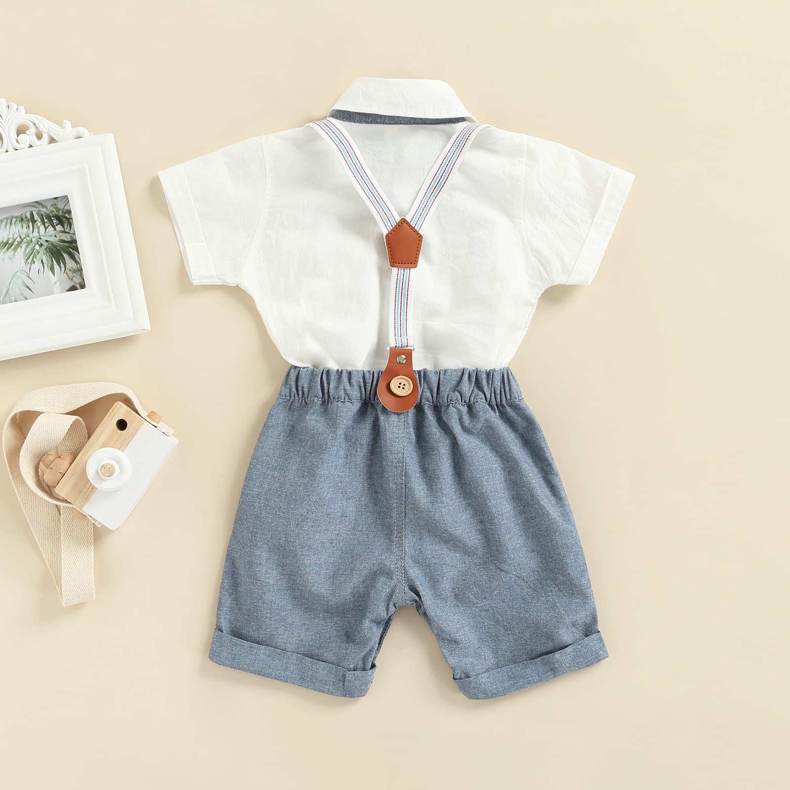 Baby Boy Gentleman Outfit - Short Sleeve Bowtie Romper & Suspenders Shorts Set | Summer Casual Wear for Photoshoots, Parties & Special Occasions