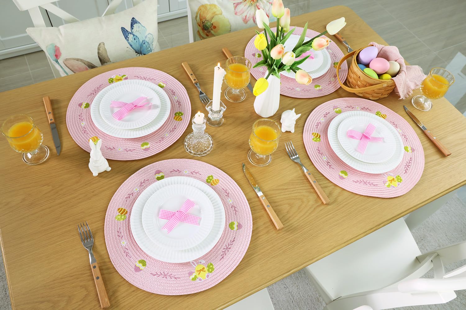 Round Easter Placemats Set of 4 - Pink Bunny Table Mats for Dining, Spring Decor, Easter Egg Design - Perfect for Holiday Parties, Family Gatherings & Seasonal Home Decor