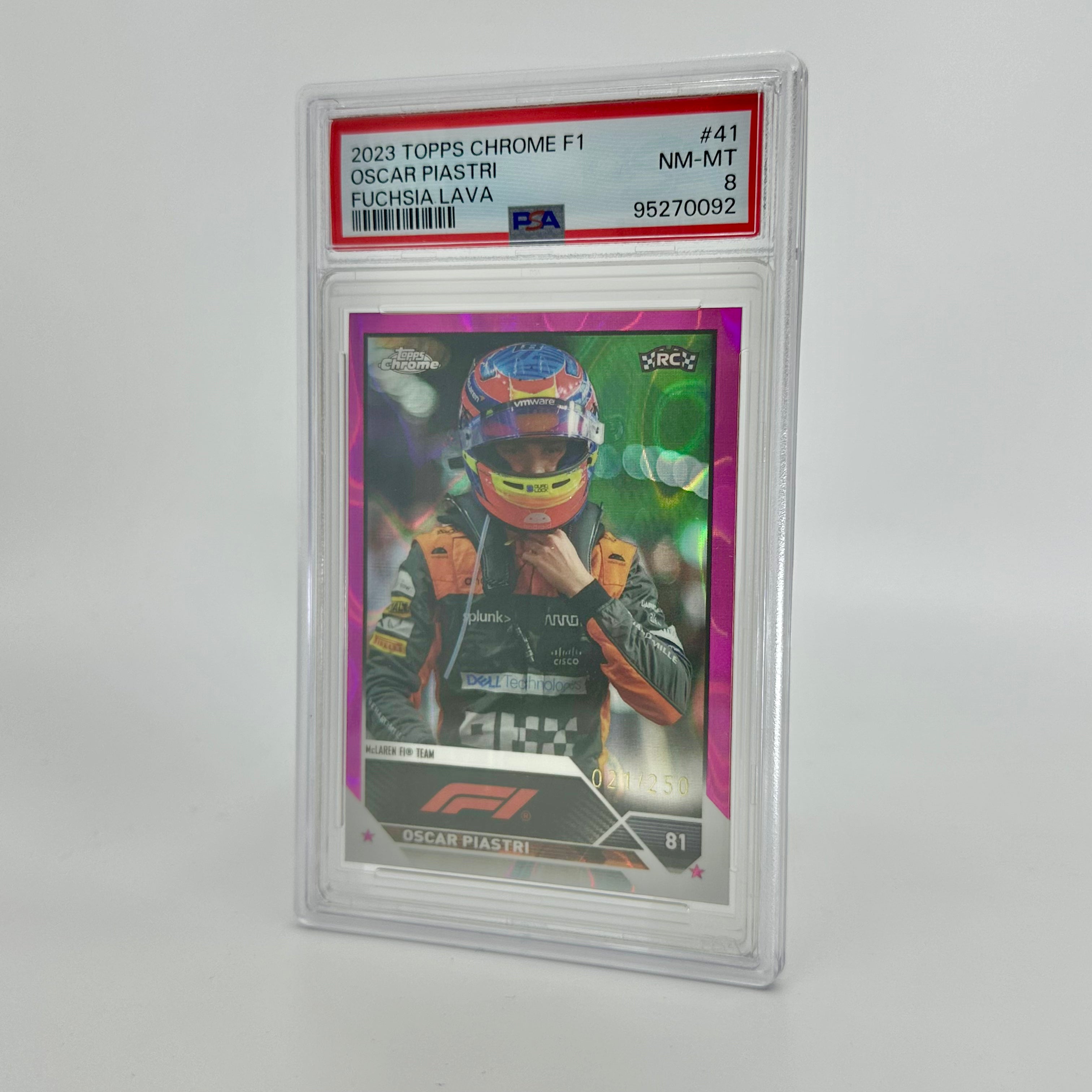 2023 Topps Chrome F1 Oscar Piastri #41 Fuchsia Lava Rookie Card PSA 8 021/250 - Collectible Racing Memorabilia for F1 Fans & Sports Card Enthusiasts
