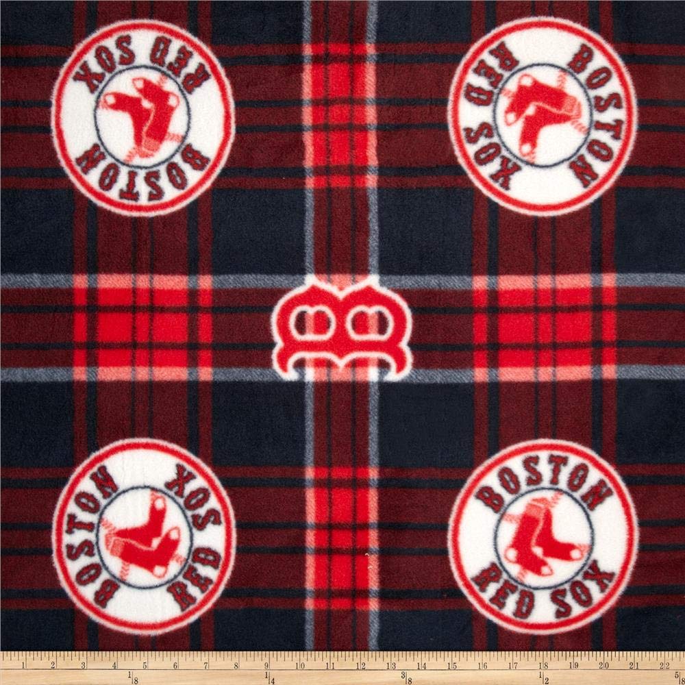 Boston Red Sox MLB Fleece Fabric by the Yard - Soft Plaid Blue/Red Cozy Material for Blankets, Scarves & DIY Crafts