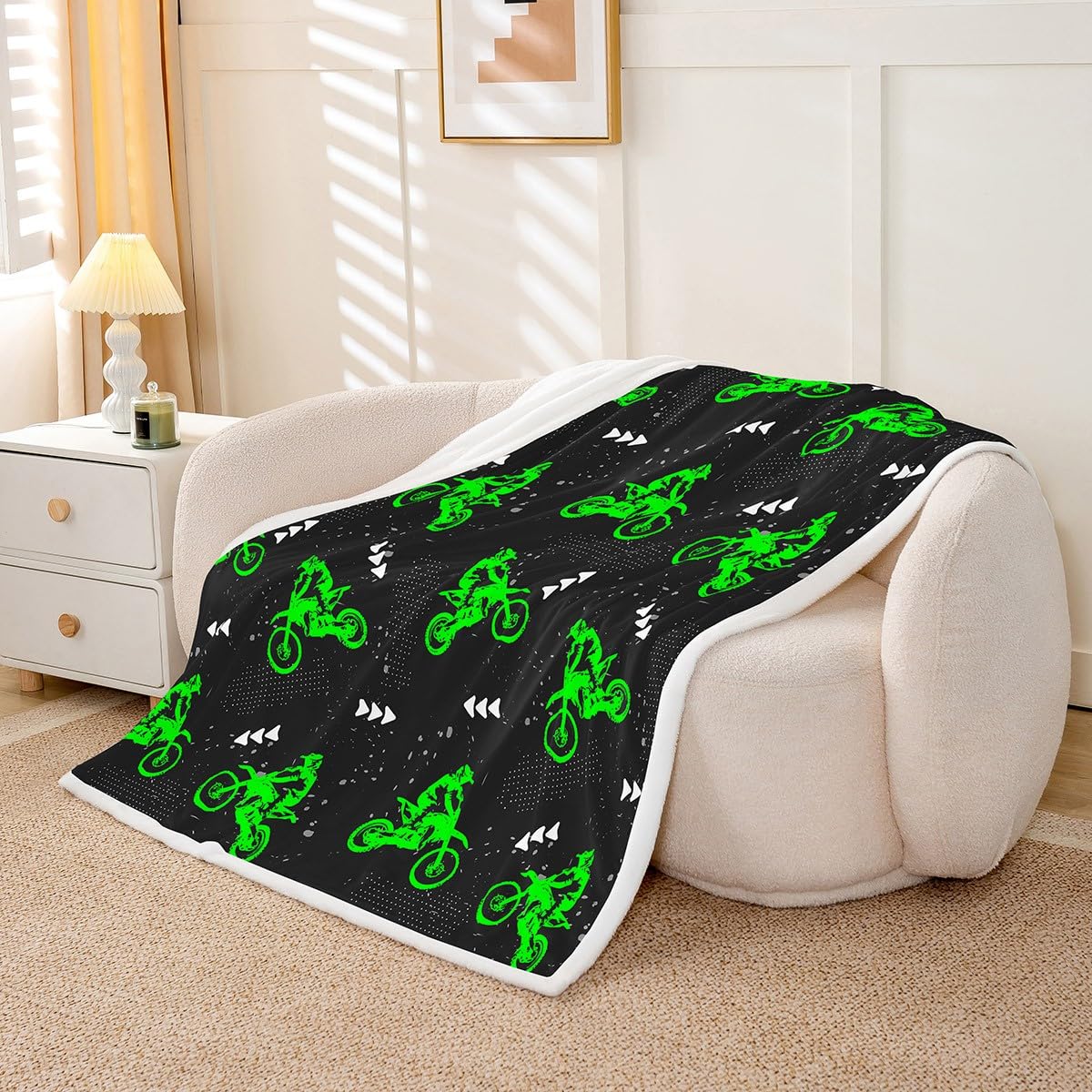 Feelyou Boys Dirt Bike Fleece Throw Blanket - Cool Sports Sherpa Blanket for Kids & Motocross Riders - Plush Fluorescent Green Fuzzy Blanket (Queen 90x90 Inches) - Perfect for Sofa, Bed & Couch - Great Gift for Boys & Motocross Enthusiasts
