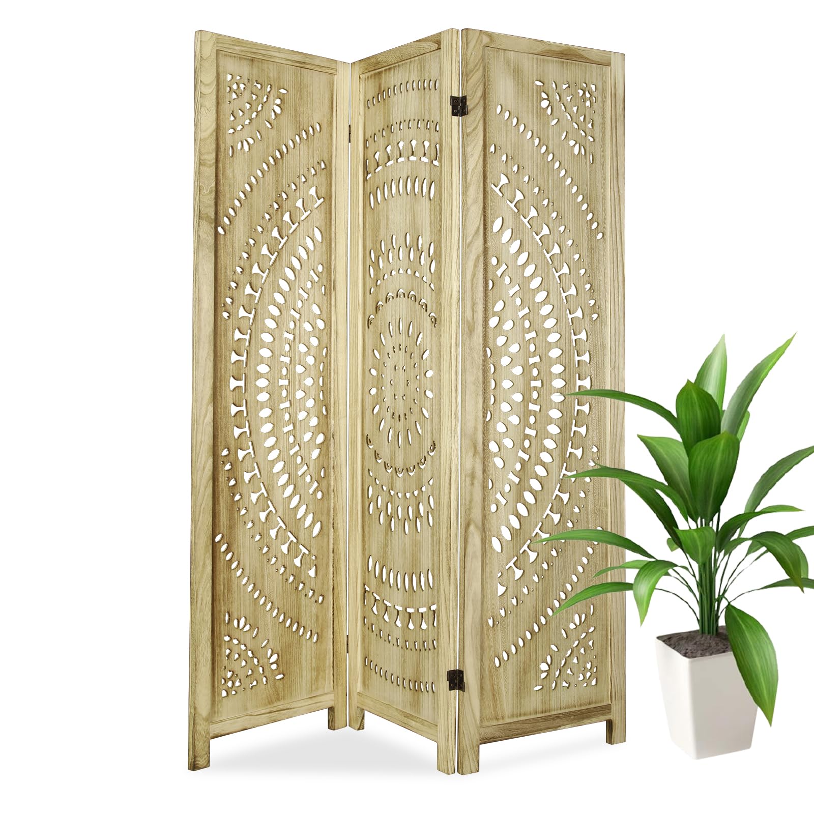 ECOMEX 3 Panel Wooden Room Divider - Freestanding Folding Privacy Screen for Bedroom, Home Office, Apartment, Studio, Hotel, Restaurant, Garden & Terrace - Hand Carved Natural Brown Wood Partition - Perfect for Creating Private Spaces, Room Separation & Home Decor