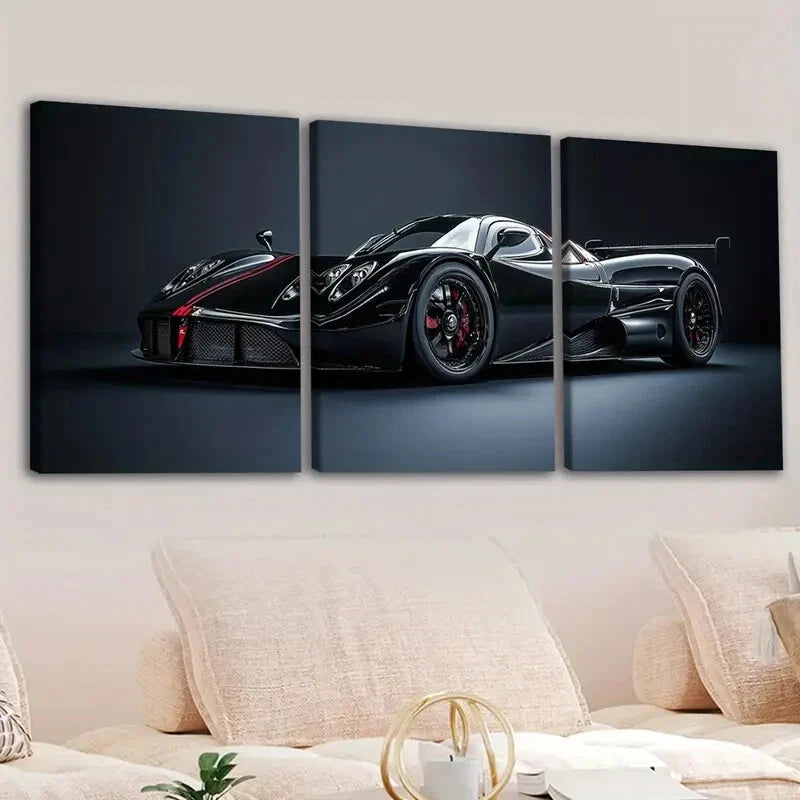 3-Piece Abstract Black Sports Car Racing Wall Art Set - Framed Canvas 40x60cm | High Quality Print | 100% Australian Made | Ready to Hang | Perfect for Man Cave, Garage Decor & Motorsport Fan Gifts