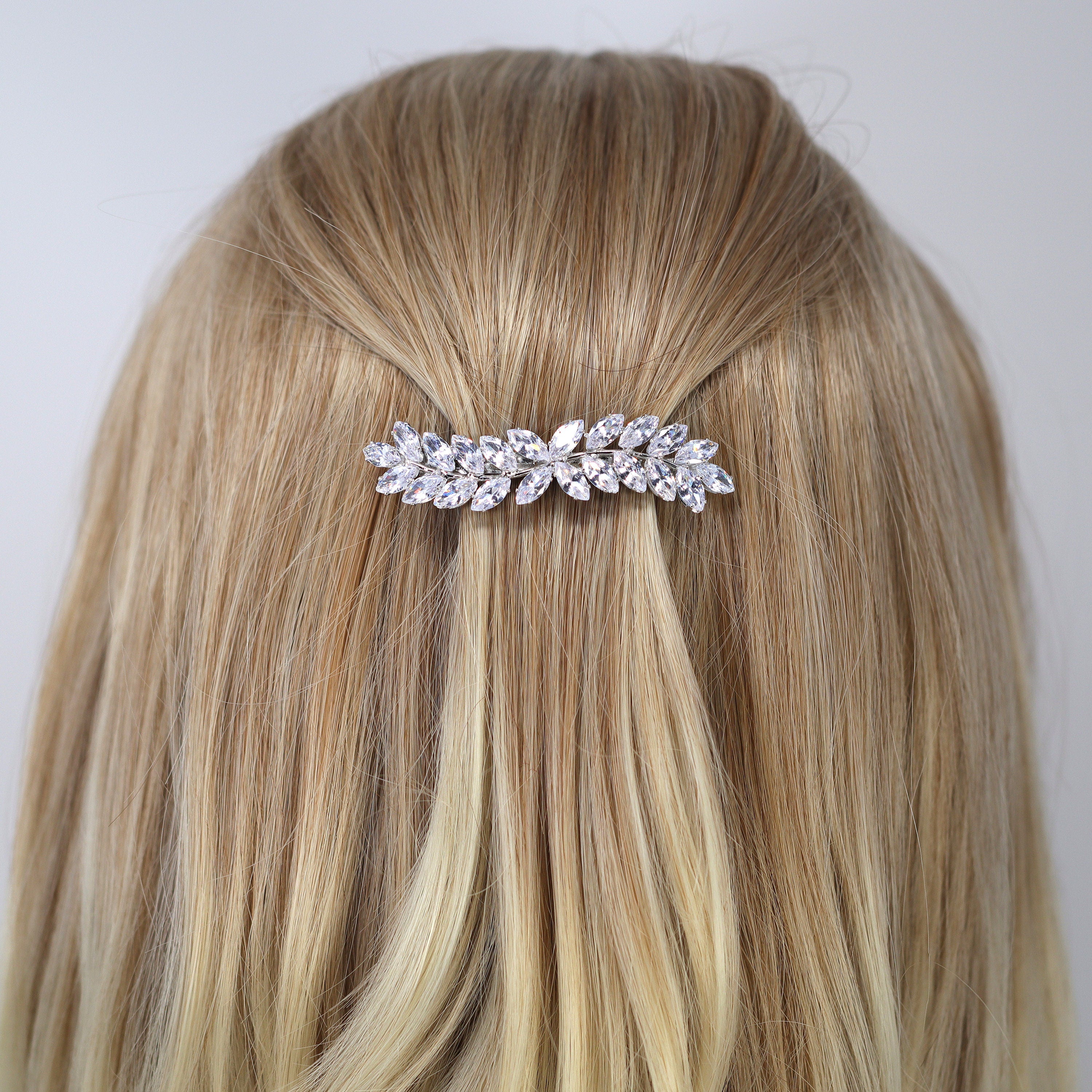 Silver Floral Leaves Vine CZ French Hair Clip – Elegant Bridal Hair Accessories for Wedding, Bridesmaid Gift, Peach Hair Clips for Special Occasions | Perfect for Weddings, Proms, and Formal Events