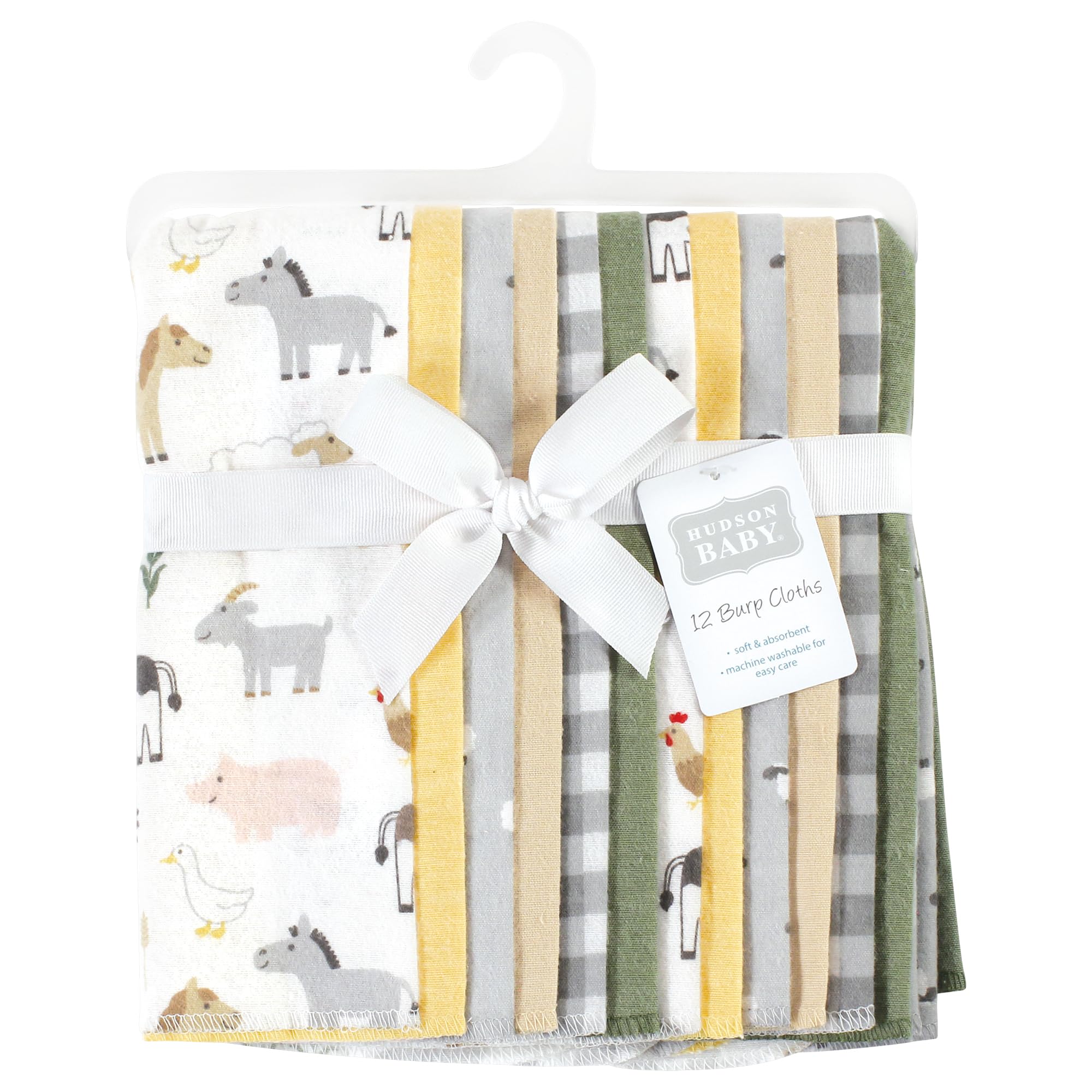 Hudson Baby Unisex Cotton Flannel Burp Cloths 10-Pack - Soft Absorbent Drool Bibs for Newborns & Infants - Cute Farm Animal Print - Perfect for Feeding, Burping & Spit-Up Protection