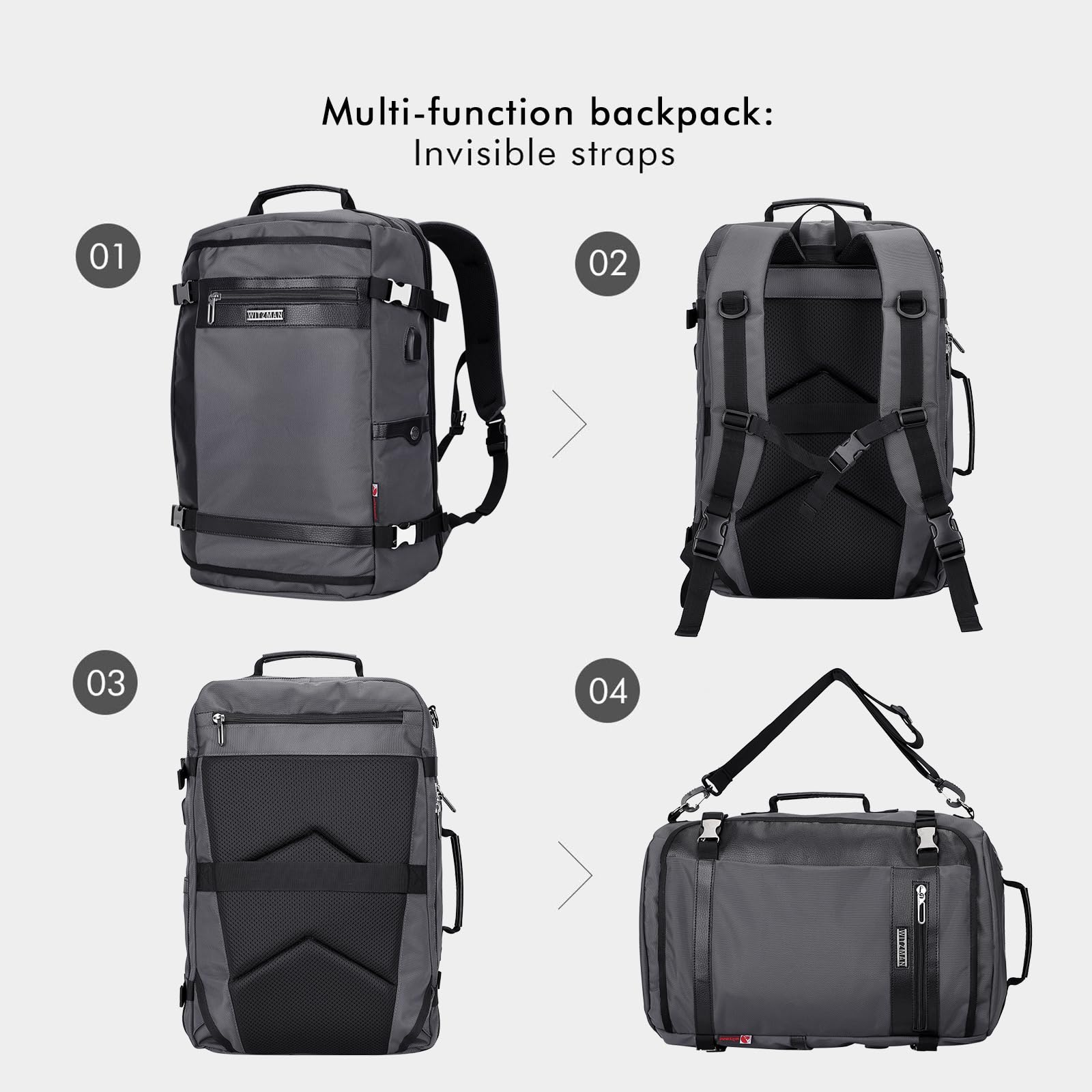 WITZMAN Travel Backpack for Men & Women - 17 Inch Laptop Backpack with USB Charging Port, Water Resistant Carry-On Backpack for Airplane, Flight Approved (B686 Silvery Grey) - Perfect for Business Travel, Commuting & Weekend Getaways