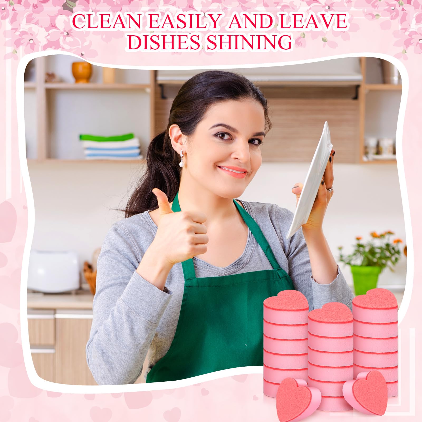 Maxcheck 20-Pack Heart-Shaped Dual-Sided Kitchen Sponges & Scrubbers - Soft & Abrasive for Washing Dishes, Pots, Pans - Valentine's Day Gift (Pink) - Perfect for Daily Kitchen Cleaning, Household Chores & Romantic Surprises