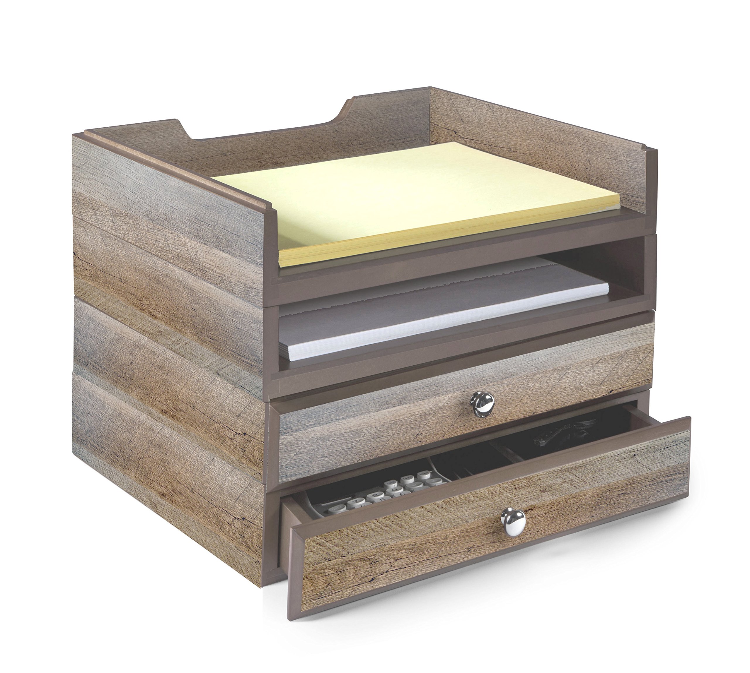 Bindertek Stacking Wood Desk Organizers with 2 Trays & 2 Drawers - Driftwood Office Supplies for Paper Clips, Pens, and Stationery (WK8-DR) - Perfect for Home Office, Study Desk, and Workspace Organization