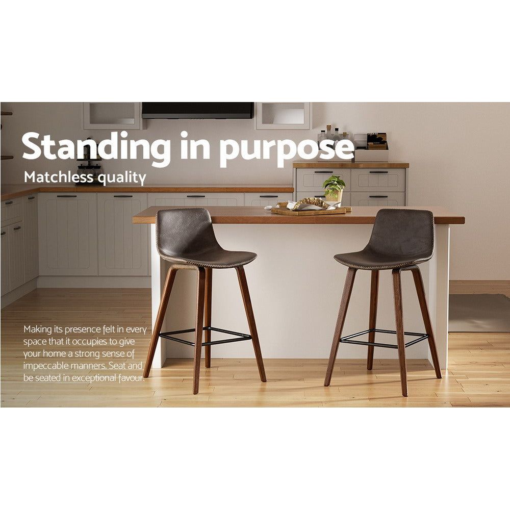 Premium Leather & Wooden Bar Stools Set of 2 - Adjustable Height Kitchen Counter Stools for Breakfast Nook, Home Bar & Dining Area