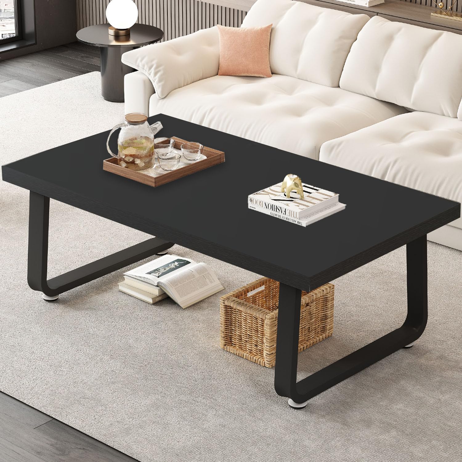 HSH 39-inch Black Modern Coffee Table - Rustic Wood & Metal Center Table for Farmhouse & Industrial Living Room - Minimalist Wooden Tea Table for Bedroom, Home Office (Black Oak) - Perfect for Small Spaces, Apartments & Cozy Gatherings