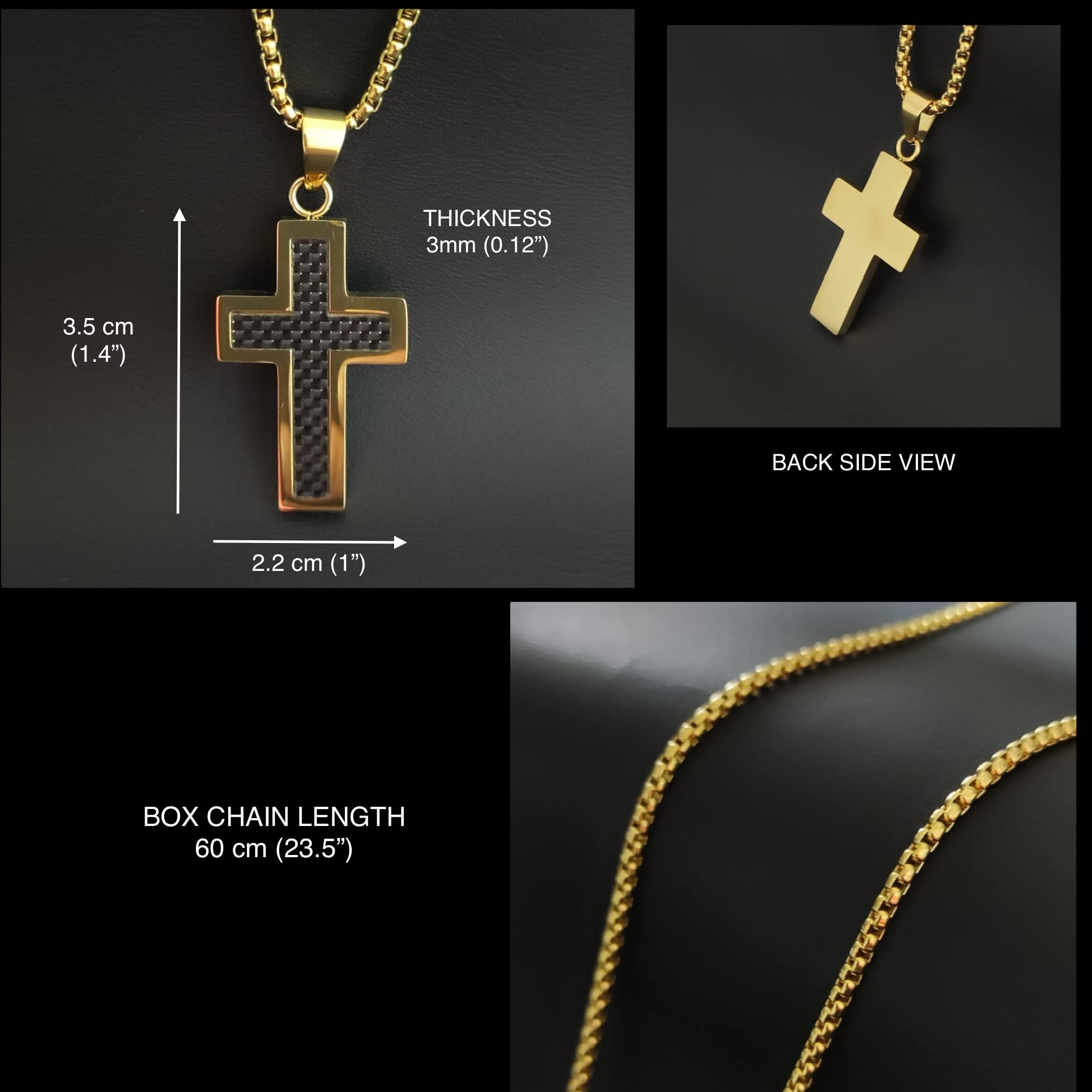 Stainless Steel & Black Carbon Fiber Cross Pendant Necklace for Men - 18