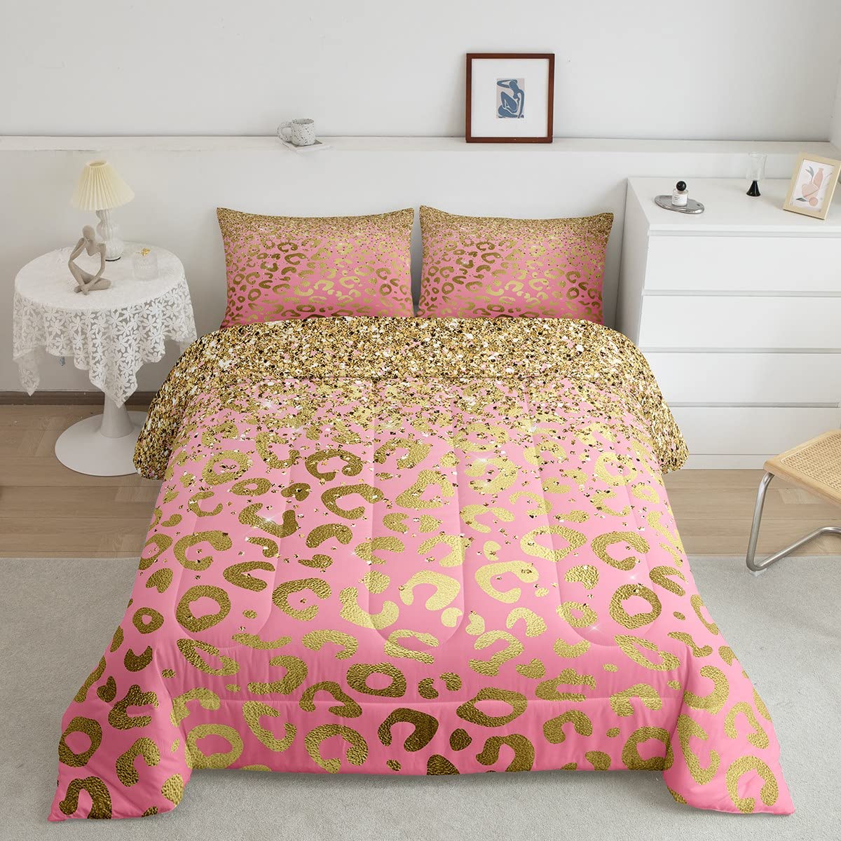Leopard Print Comforter Set Twin Size - Glitter Bedding Set 2pc for Kids, Teens & Women - Cheetah Animal Print Duvet Cover with Pink Gold Pillowcase - Perfect for Girls' Room Decor & Wild Animal Themed Bedrooms