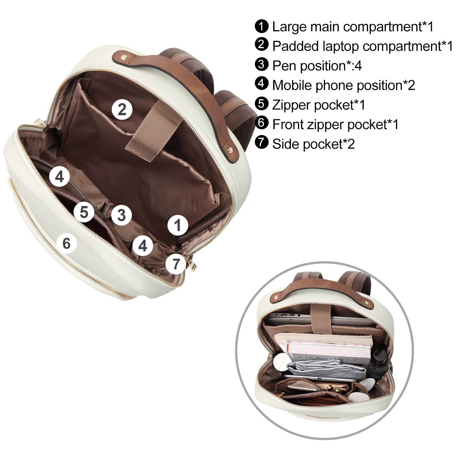 CLUCI Women's Leather Backpack - 15.6 Inch Laptop Backpack Purse for Travel, Work & School - Stylish Casual Daypack with Airplane-Friendly Design in Beige & Brown | Perfect for Commuting, Business Trips & College