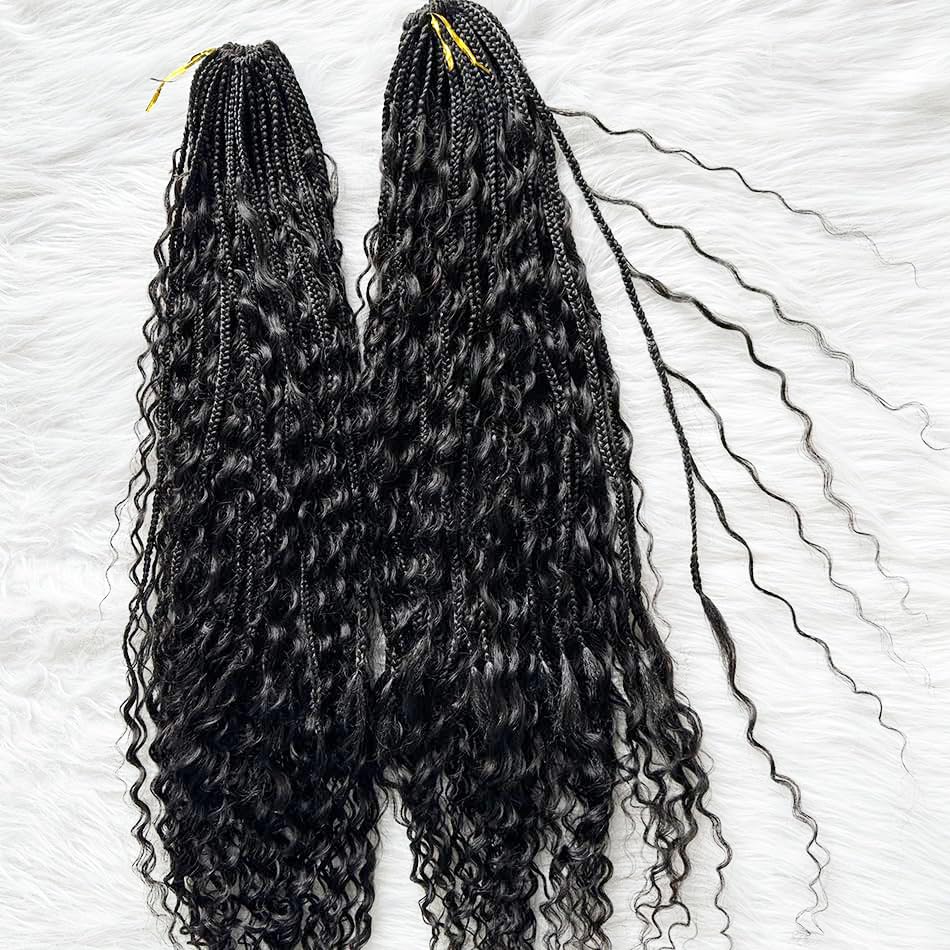 Natural Color 14 Inch Crochet Boho Box Braids with Human Hair Curls - Pre-Looped Box Braids with Curly Human Hair & Full Ends - 2 Pack (80 Strands) Hair Extensions for Women - Perfect for Boho Chic, Festival, and Everyday Protective Styles