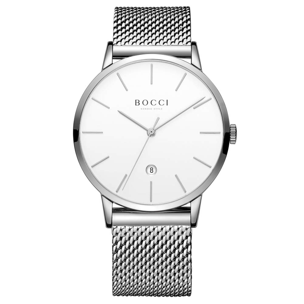 BOCCI Men's Ultra Thin Quartz Watch - Waterproof Casual Wristwatch with Date Display & Milanese Mesh Band - Silver White | Perfect for Office, Business, Dating & Everyday Wear