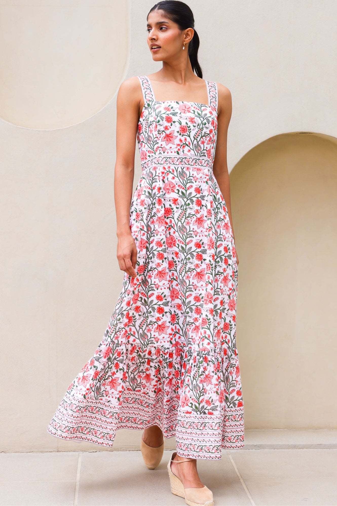 Aurelia Organic Cotton Block Print Dress - Gardenia Pink & Green Floral | Boho Summer Dress for Women | Perfect for Beach, Vacation & Casual Outings