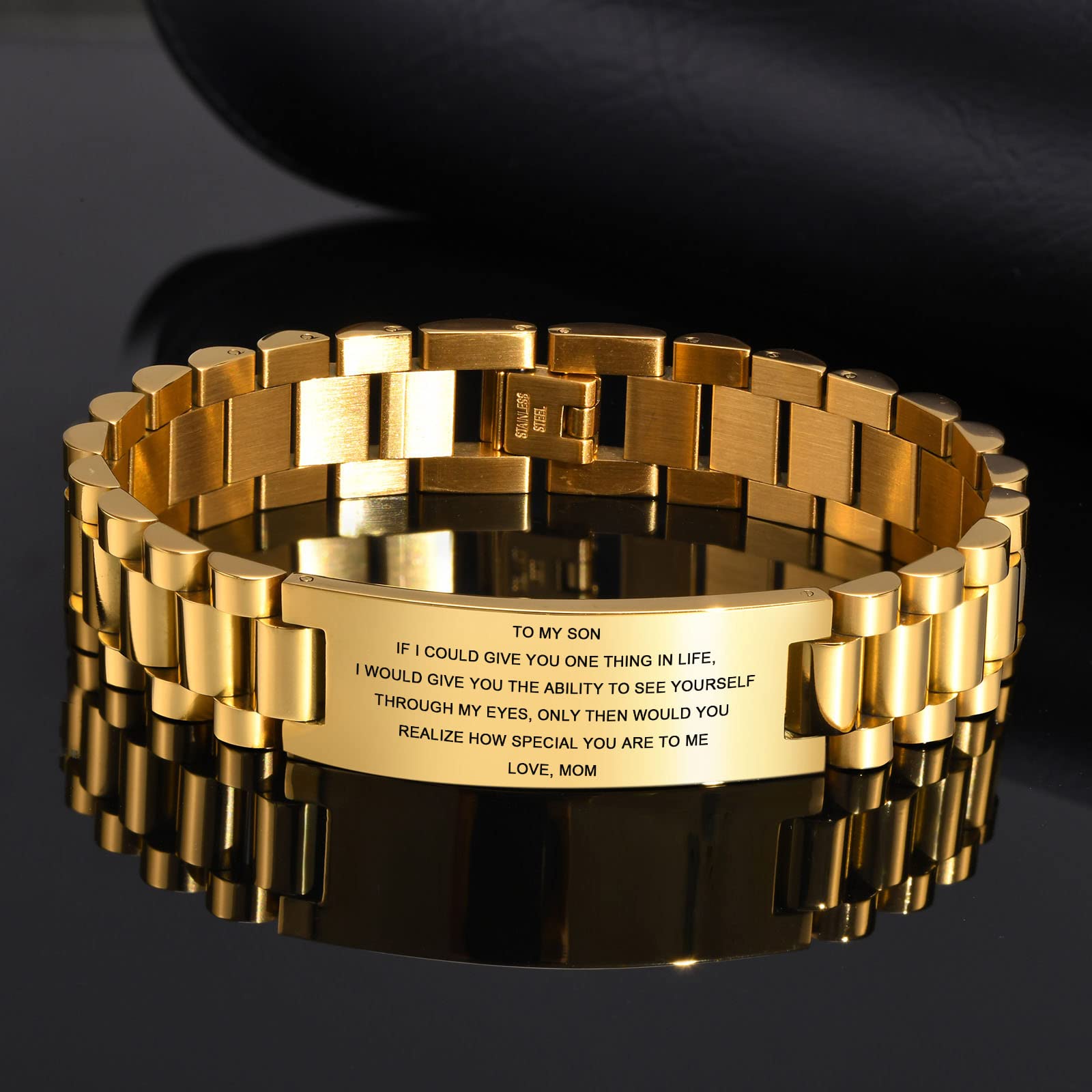 MEALGUET Inspirational Stainless Steel Bracelet for Son - Customizable Courage Link Wristband, Perfect Birthday & Graduation Gift from Mom & Dad, Ideal for Daily Wear & Special Occasions