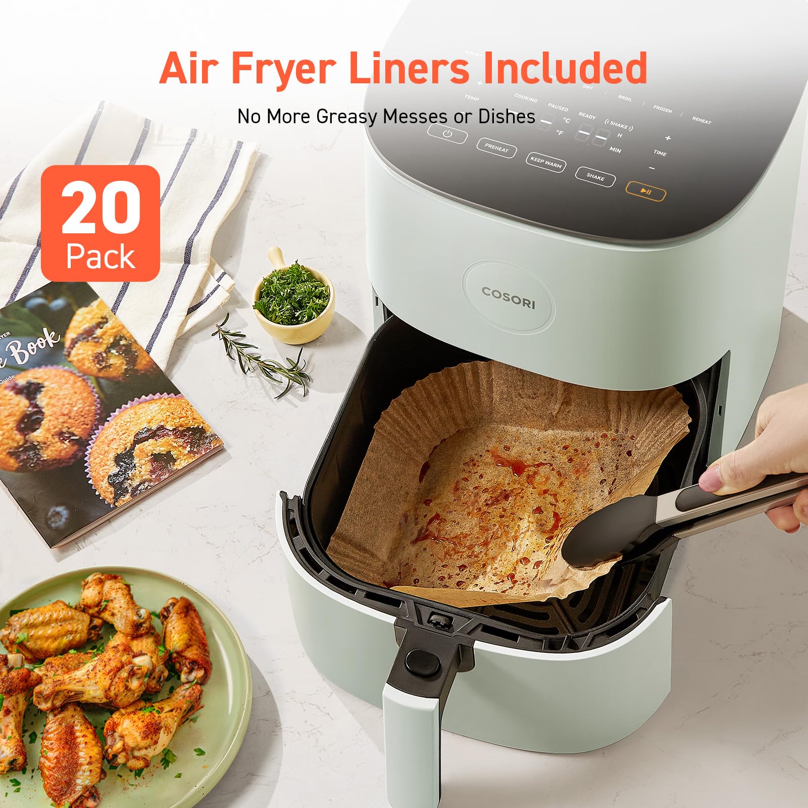 COSORI Air Fryer Pro LE 5-Qt - 10-in-1 Multi-Function Airfryer with Bake, Roast, Preheat & Dehydrate | Includes 20PCS Paper Liners, Shake Reminder & 130+ Recipes | 85% Less Oil, Compact Design, Dishwasher Safe (Green) | Perfect for Healthy Cooking, Meal Prep & Family Dinners