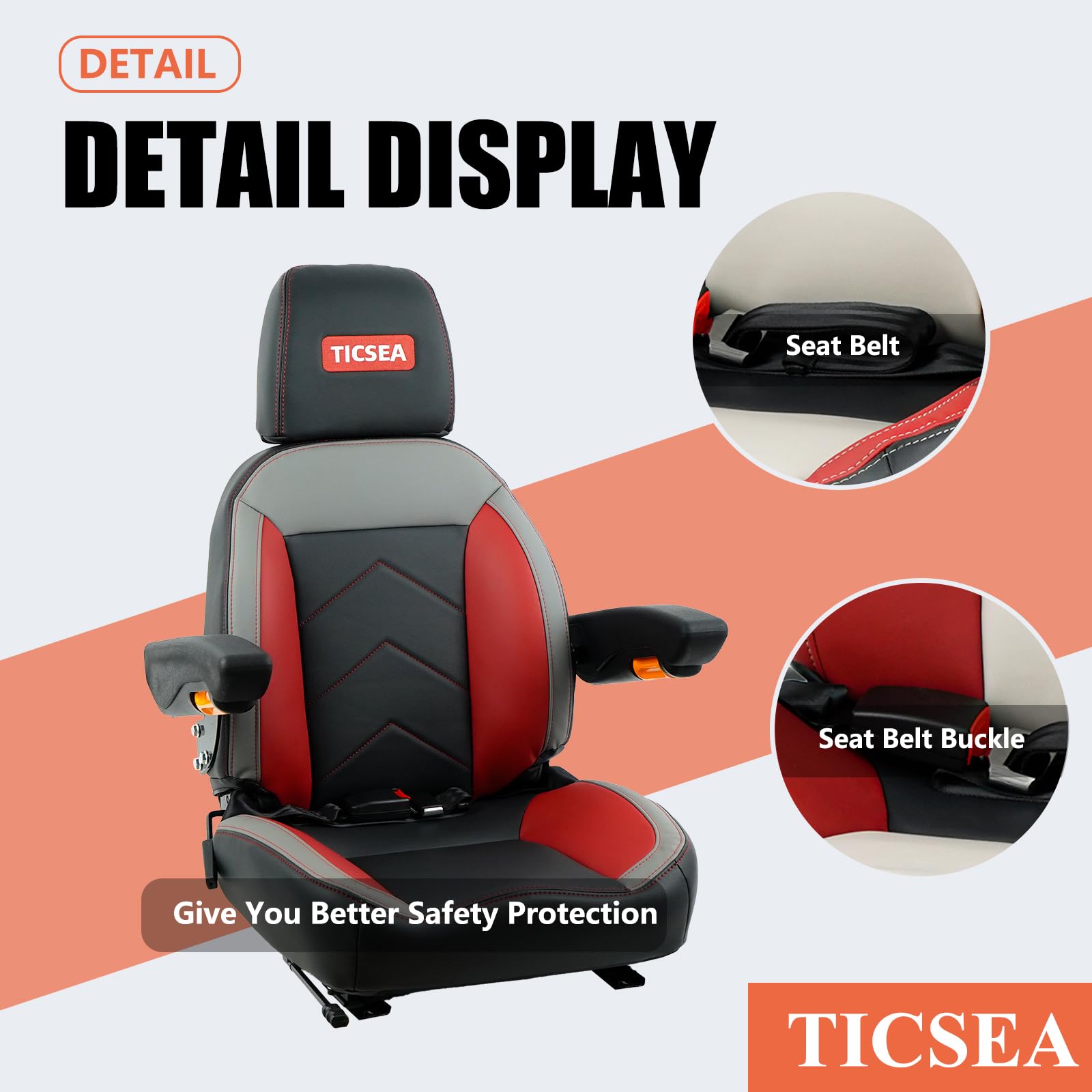 Universal Forklift Seat - Heavy Duty Tractor Seat with Retractable Seatbelt, Adjustable Backrest, Headrest & Armrests (Black-Red) - Perfect for Forklifts, Tractors, Construction Equipment & Agricultural Machinery