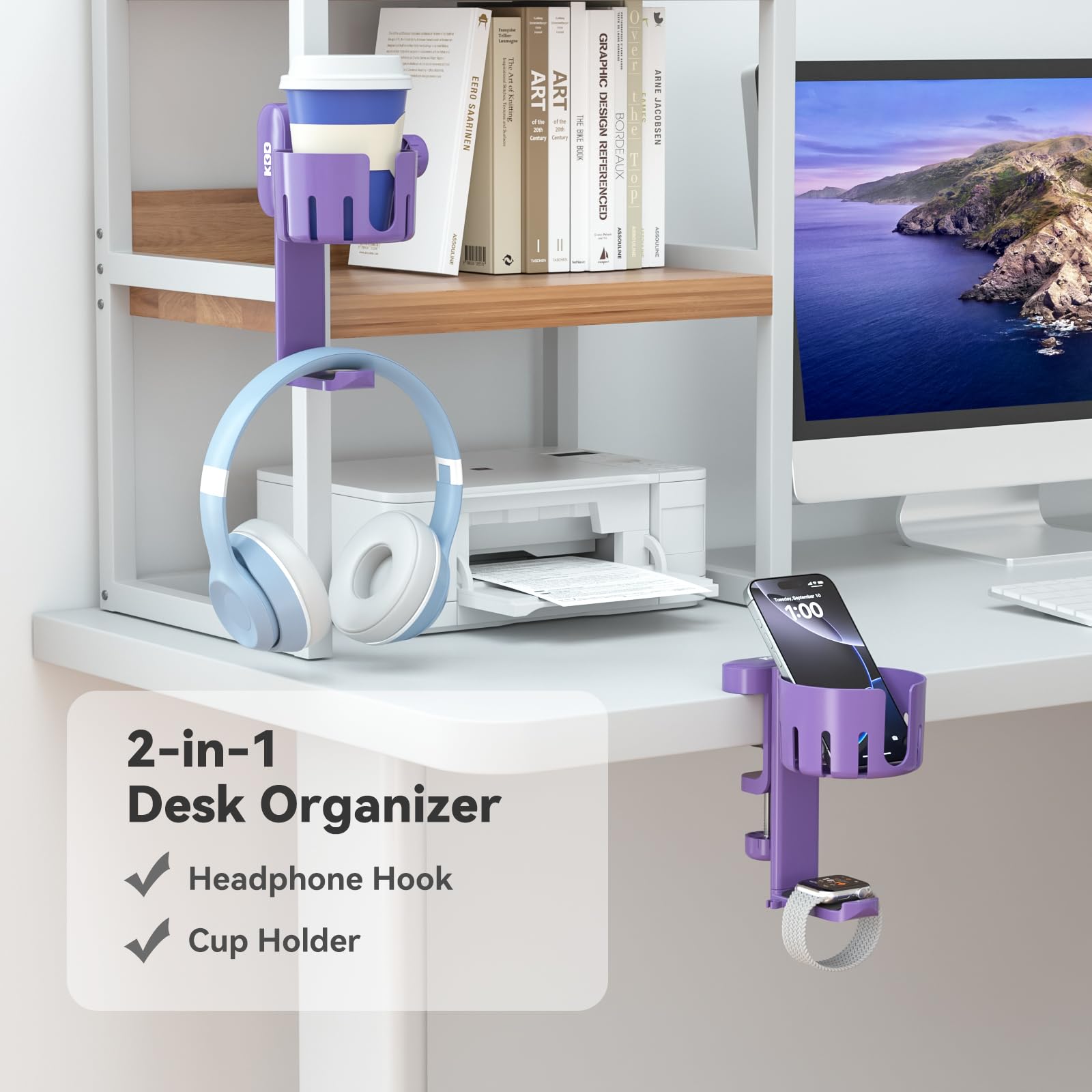 2 in 1 Rotatable Under Desk Headphone Hanger & Cup Holder - Space Saving Desk Clamp Mount for Headset and Coffee/Water Mugs - Perfect for Gaming, Office & Home Workspace (Purple)