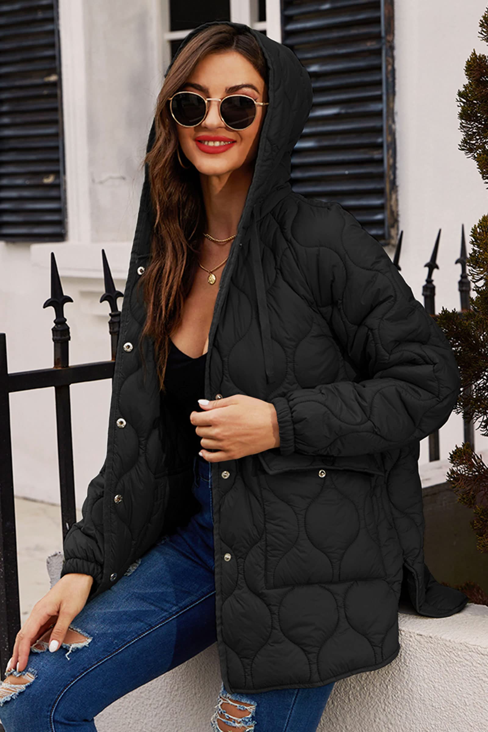 RISISSIDA Women's Lightweight Quilted Puffer Jacket with Hood - Packable Loose Fit Coat for Spring & Fall Fashion | Casual Outerwear for Daily Wear, Travel & Outdoor Activities