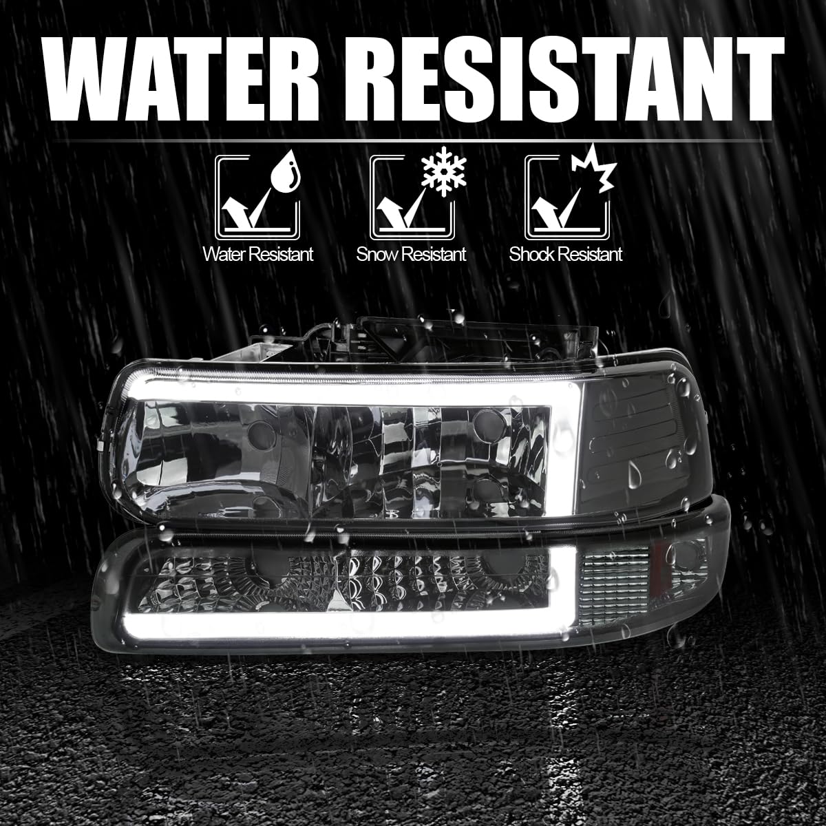 Spec-D Tuning Smoke LED Bar Headlights & Bumper Lights for 1999-2002 Chevy Silverado 2000-2006 Tahoe Suburban - Left & Right Pair Headlamp Assembly - Upgrade Your Truck's Style & Night Visibility for Off-Road & Daily Driving
