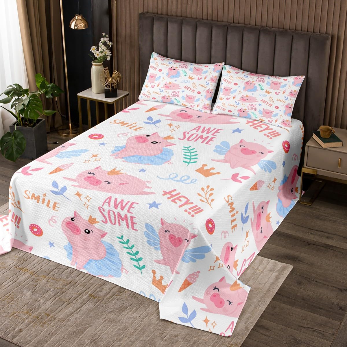**Pink Pig King Size Comforter Set - 3Pcs Princess Girly Animal Print Bedding with Flowers, Leaves, Donut & Ice Cream Design for Kids Boys Girls Room Decor - Perfect for Birthday Gifts & Nursery Decorations**
