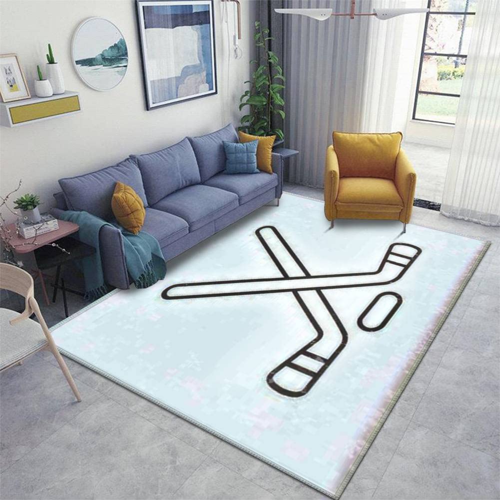 Non-Slip Washable Indoor/Outdoor Area Rug with Hockey Stick & Puck Design - Playmat for Kids, Living Room, Bedroom & Playroom - Perfect for Game Rooms, Nursery Decor & Sports-Themed Spaces