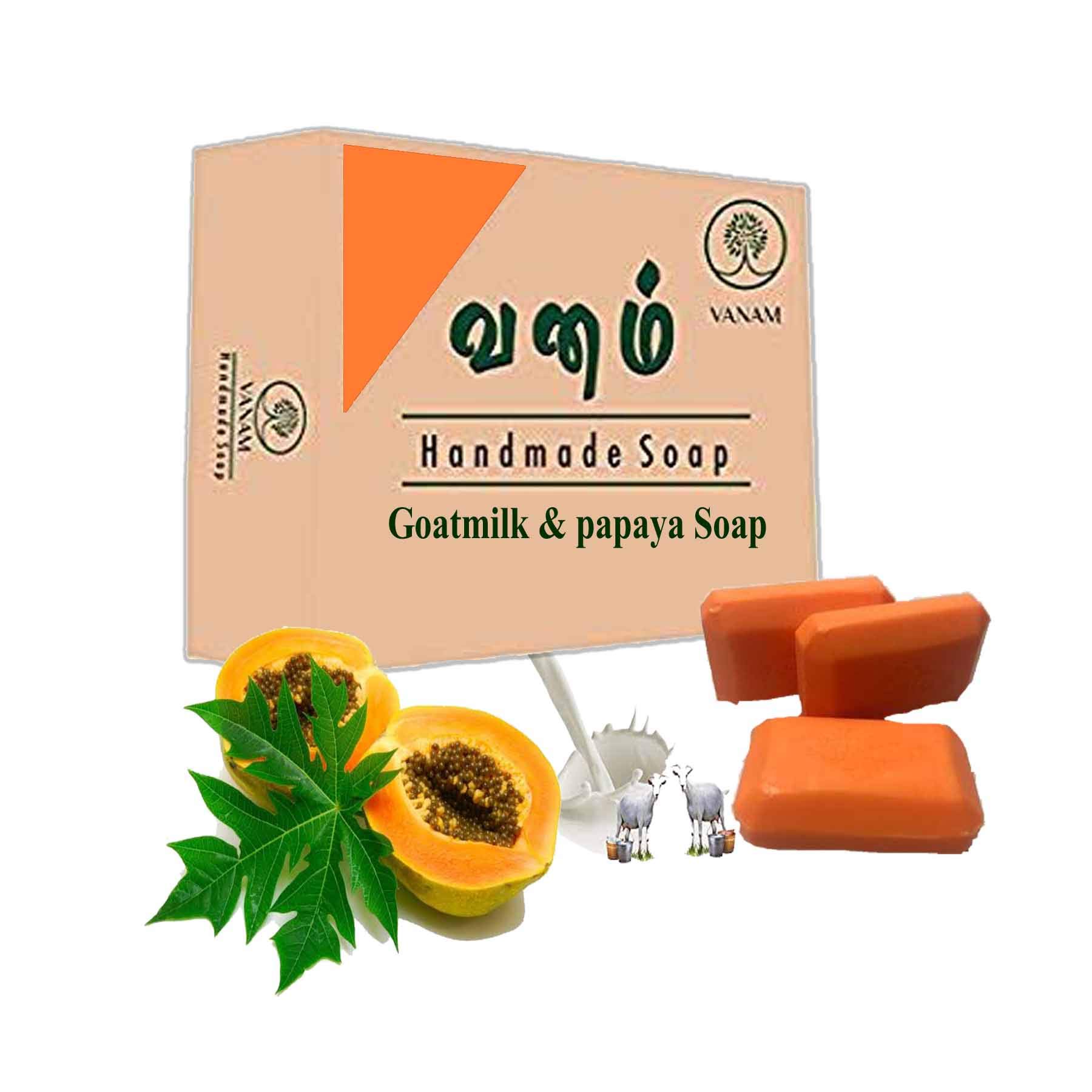 VANAM Handmade Herbal Papaya & Goat Milk Bath Soap - Natural Skin Brightening & Moisturizing Bar - Set of 2 White Soaps - Perfect for Dry Skin & Sensitive Skin Care - Ideal for Daily Bathing & Spa Relaxation