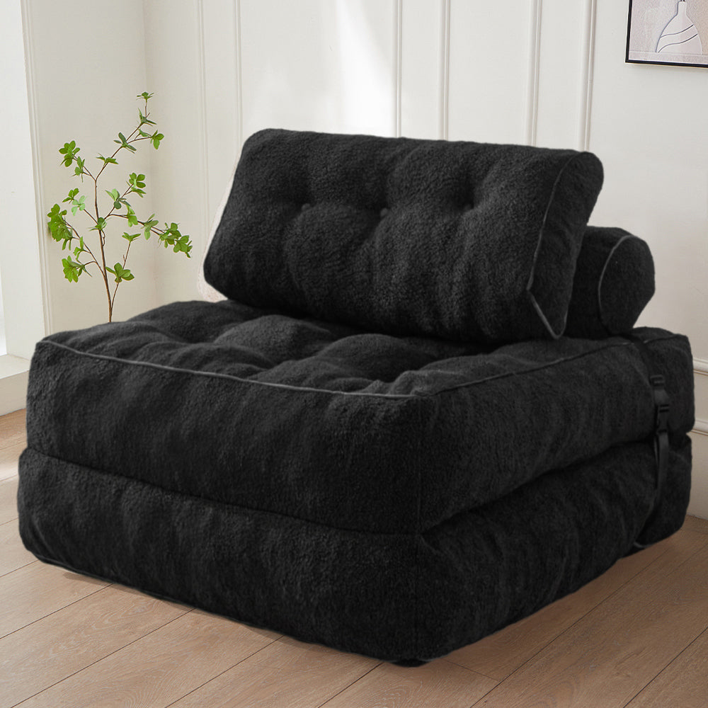 MAXYOYO Fuzzy Folding Sofa Bed - Convertible Sleeper Chair with Pillow & Foldable Mattress, Back Support for Living Room, Guest Room & Small Spaces (Black)