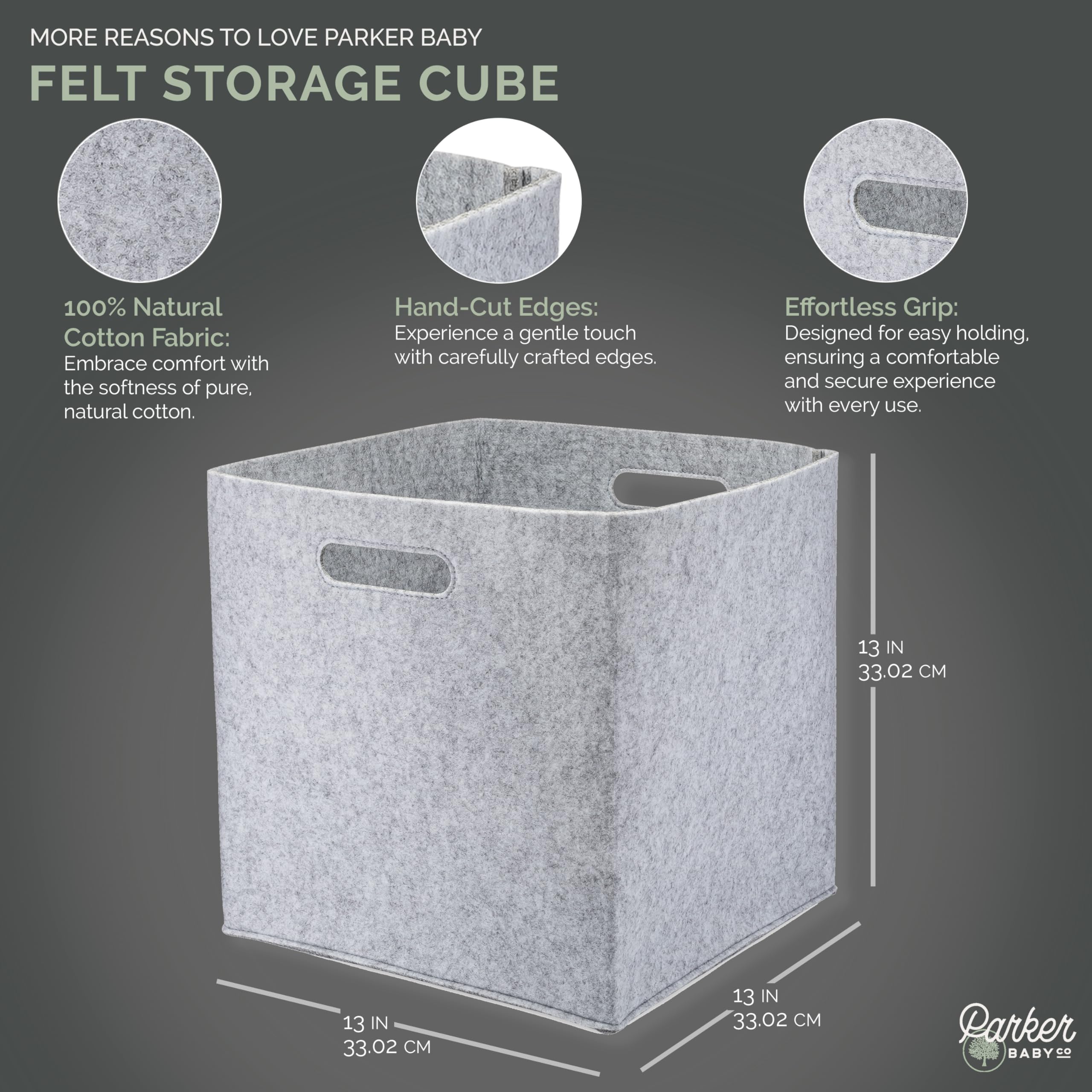 Parker Baby Felt Foldable Storage Cube Bin - 13 Inch Nursery Organizer for Clothes, Toys & Baby Essentials | Gray Storage Baskets for Nursery, Playroom & Closet Organization | Foldable Fabric Toy Bin with Handles