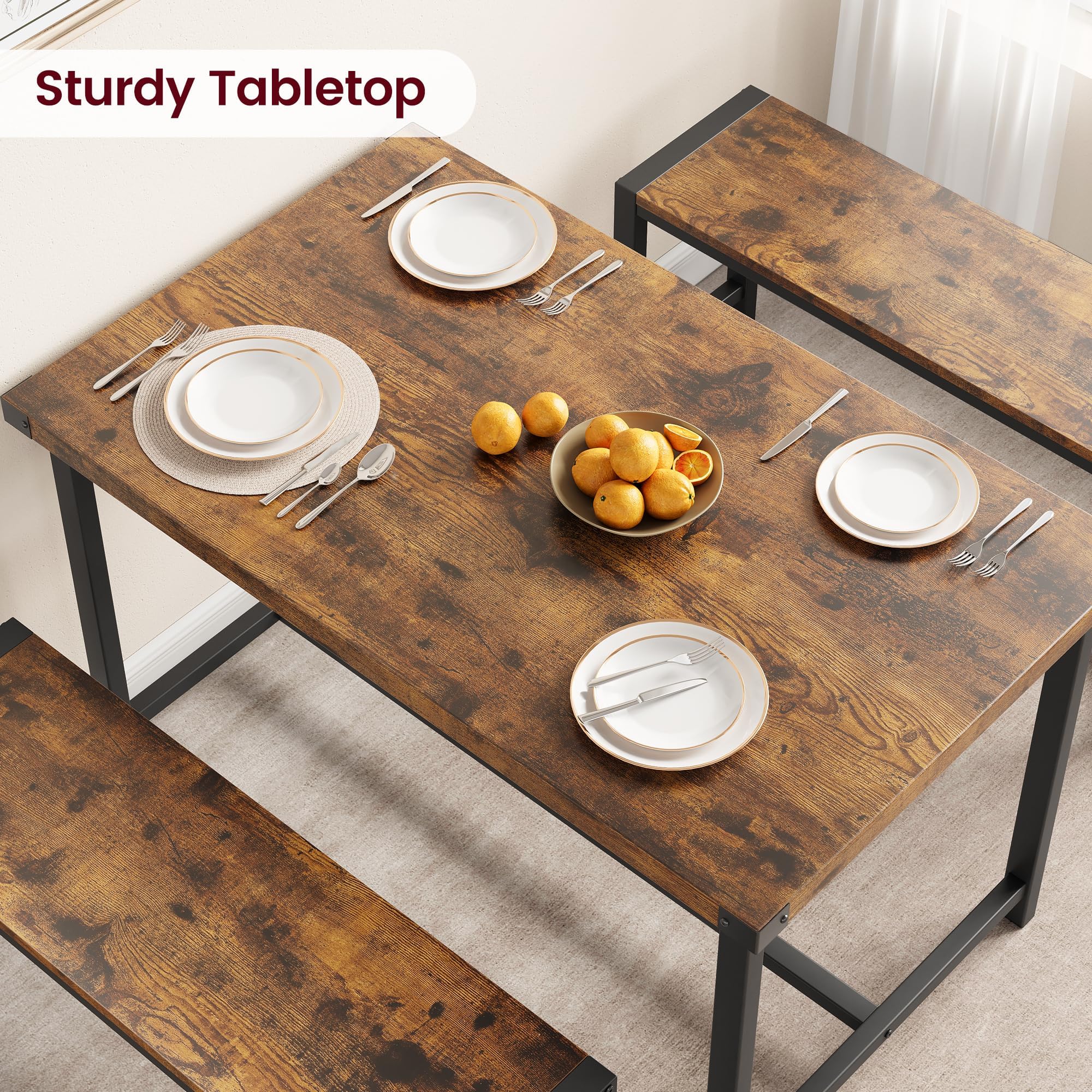 IDEALHOUSE 4-Piece Retro Brown Dining Table Set with 2 Metal Wood Benches - Space Saving Kitchen & Apartment Furniture for Small Spaces, Dinettes & Compact Dining Rooms | Perfect for Breakfast Nooks, Studio Apartments & Cozy Family Meals