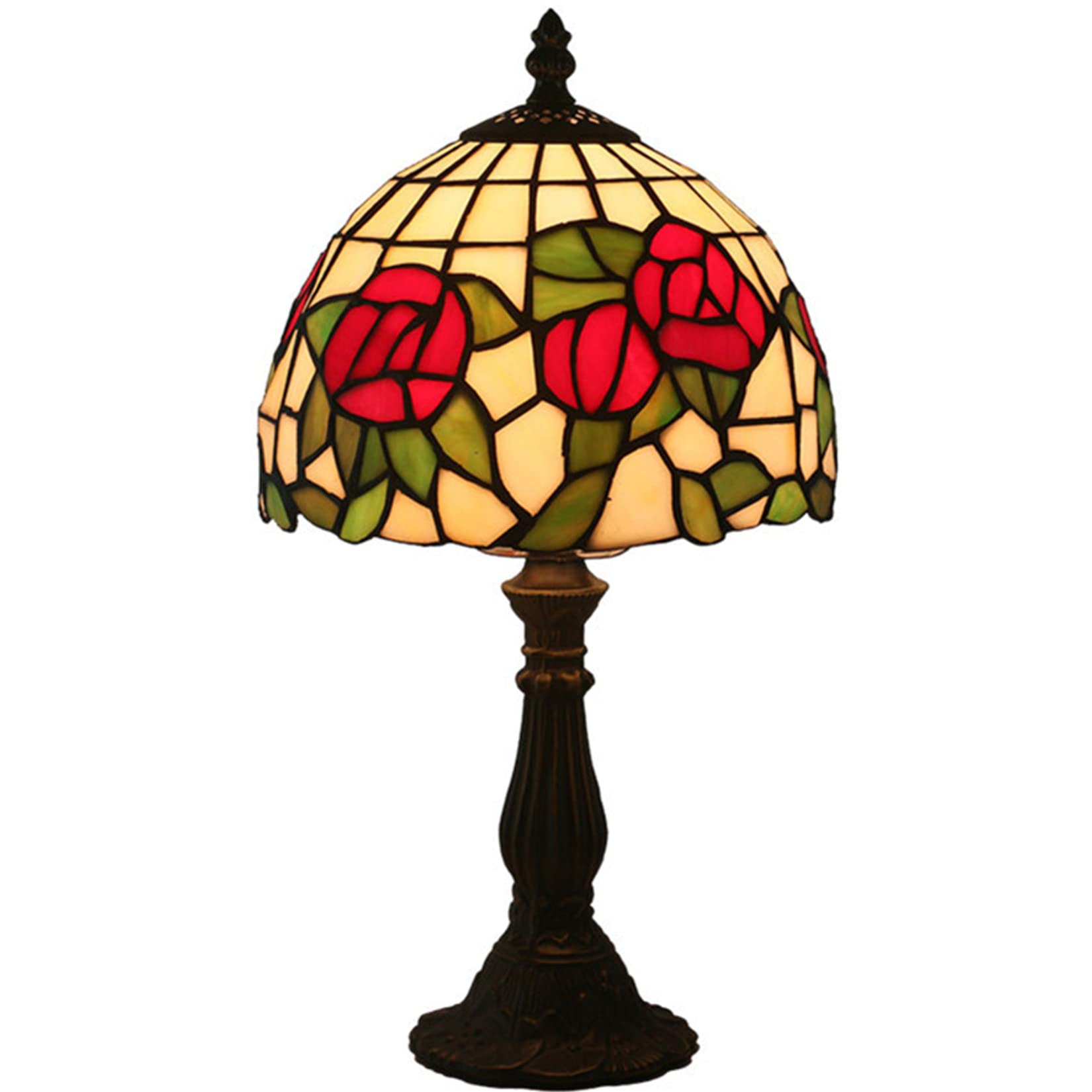 Mini Red Rose Green Leaves Tiffany Style 8 Inch Stained Glass Table Lamp - Elegant Desk & Reading Light for Living Room, Bedroom, Bedside, Wedding Decor | Perfect for Romantic Ambiance, Home Office & Gift Giving