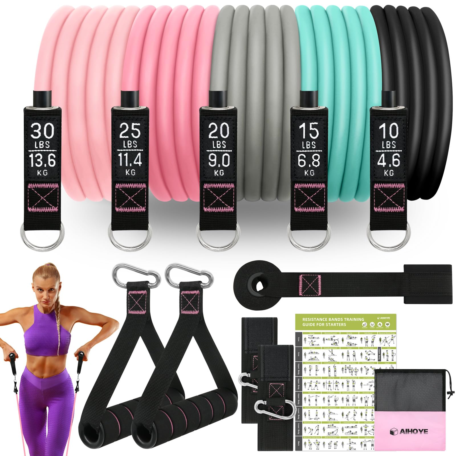 Aihoye Resistance Bands Set for Home Workout - 5-Piece Exercise Bands with Door Anchor, Handles & Carry Bag for Strength Training, Yoga, Pilates & Physical Therapy | Perfect for Gym, Travel & Rehabilitation