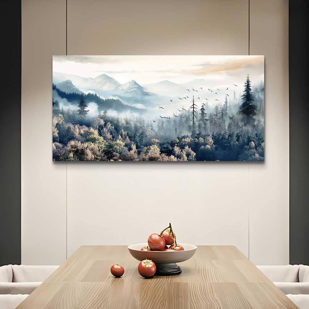 Large Framed Canvas Wall Art - Fog Forest Landscape Painting for Living Room, Office & Bedroom Decor | Modern Home Wall Decorations & Prints | Perfect for Housewarming Gifts & Interior Design