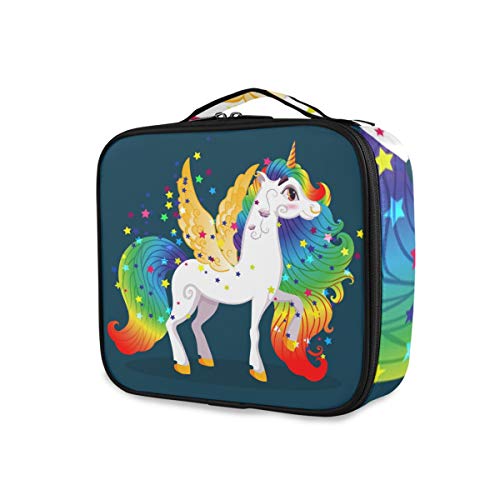 ALAZA Cartoon White Pony Unicorn Makeup Organizer with Golden Wings & Rainbow Mane - Travel Toiletry Storage Bag for Women | Perfect for Cosmetics, Brushes & Beauty Essentials on Vacation, Gym or Daily Use
