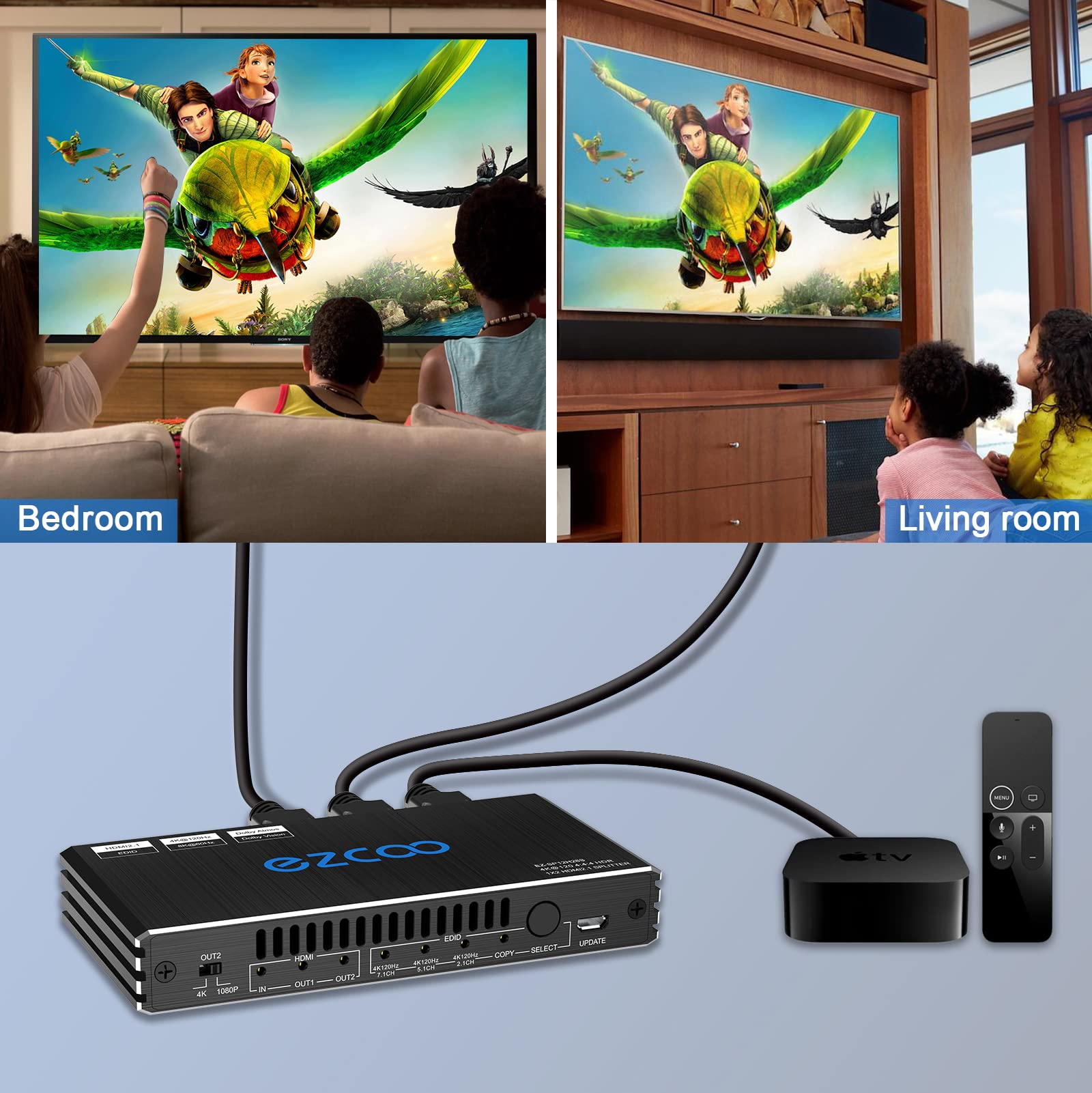Premium HDMI Splitter 1x2 - 8K 60Hz & 4K 120Hz HDR with VRR, G-Sync, CEC, EDID - HDCP 2.3 Bypass - 4K to 1080P Downscaler - Perfect for Gaming PC, Xbox Series X/S, PS5, Roku & Fire TV - Home Theater & Multi-Screen Setup Solution