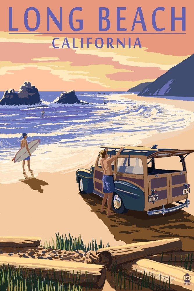 Woody on Beach Long Beach California - 24x36 Gallery Quality Metal Art Aluminum Decor for Living Room, Office, or Coastal Home