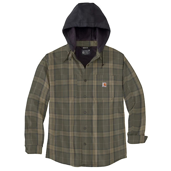 Carhartt Rugged Flex® Relaxed Fit Flannel Fleece Lined Hooded Shirt Jacket for Men - Warm Workwear & Outdoor Activities (Olive Green)