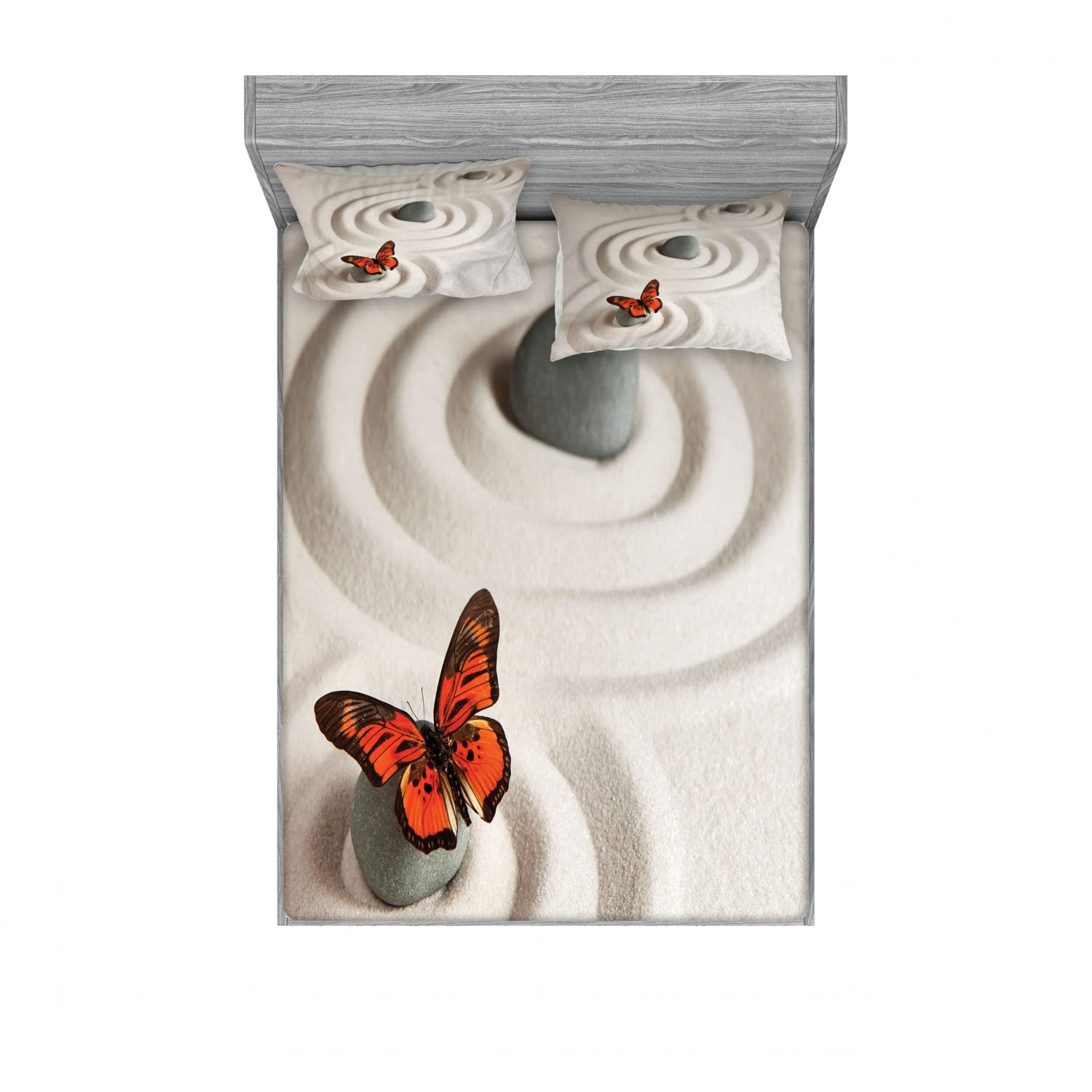 Ambesonne Butterfly 2-Piece King Size Fitted Sheet Set with 4 Pillow Shams - Beige & Orange Floral Bedding for Serene Bedroom Decor | Perfect for Master Bedroom, Guest Room & Bohemian Home Decor