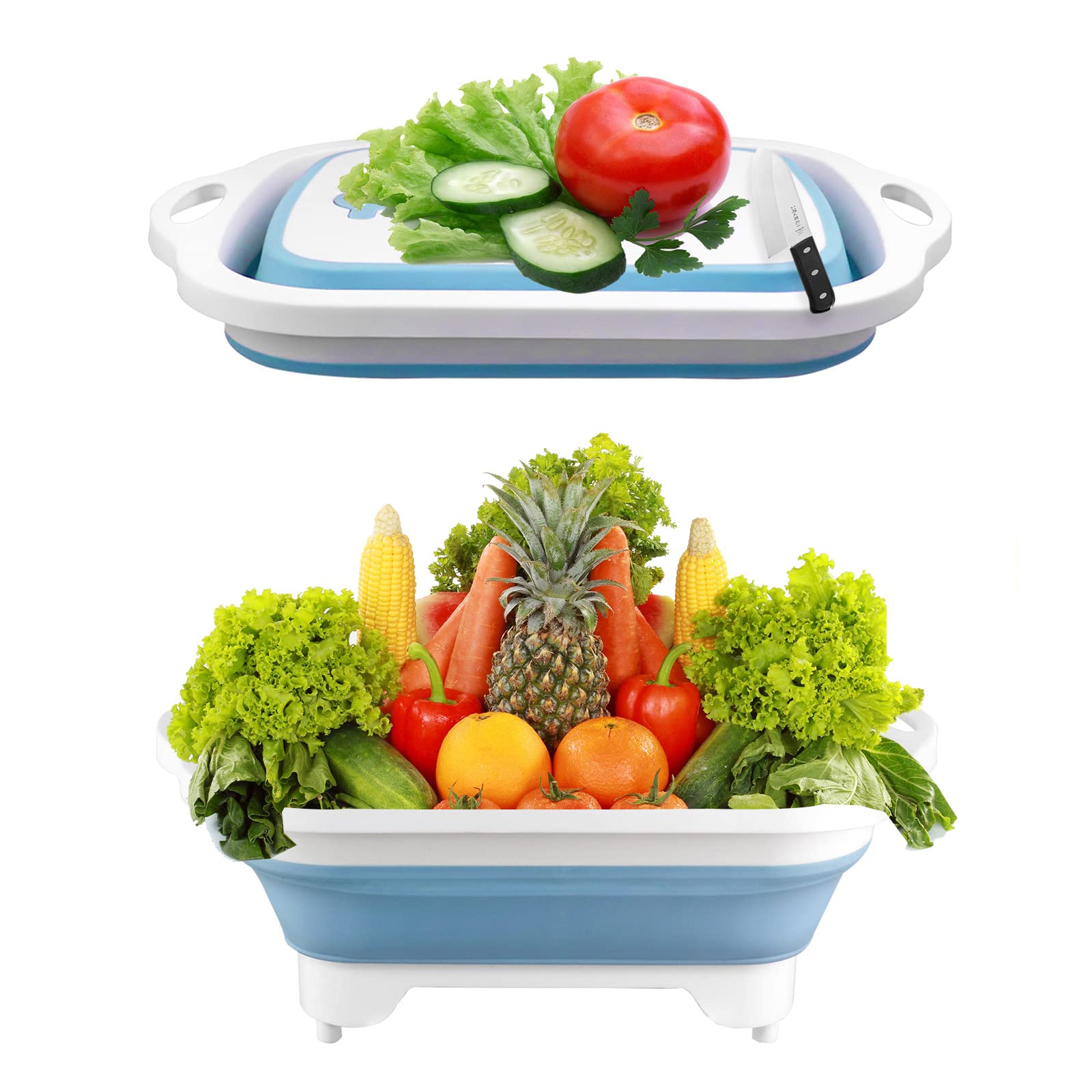 Upgraded SEMSOIIO 3-in-1 Collapsible Cutting Board with Storage Basket & Colander - Foldable Chopping Board, Space Saving Kitchen Organizer for Camping, RV & Small Apartments (Blue)