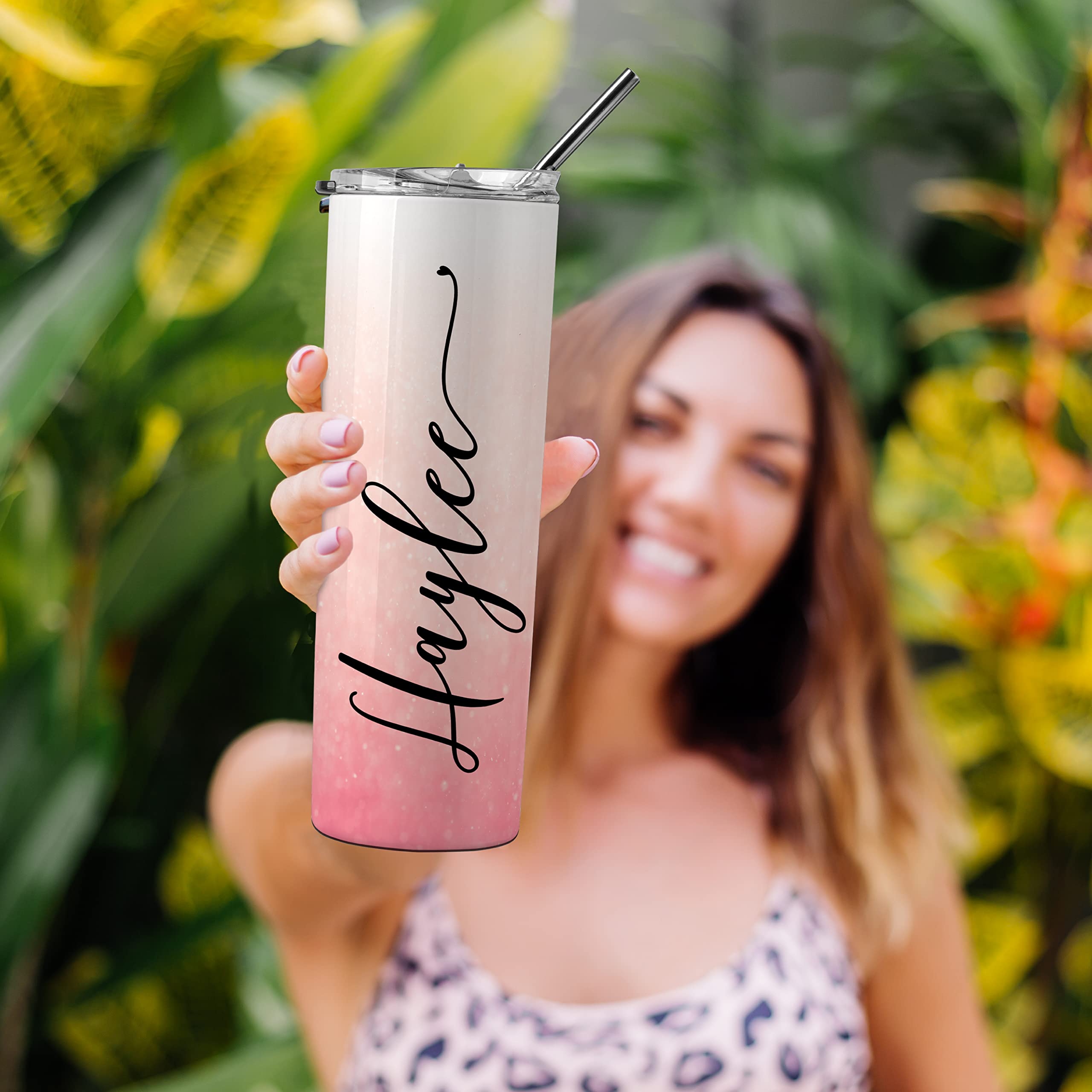 Personalized 20oz Skinny Tumbler with Straw - Custom Name Insulated Cup for Women - Set of 5 - 12 Fonts & 30 Colors - Perfect Gift for Her, Mom, Wife, Sister | Great for Office, Gym, Travel & Daily Hydration