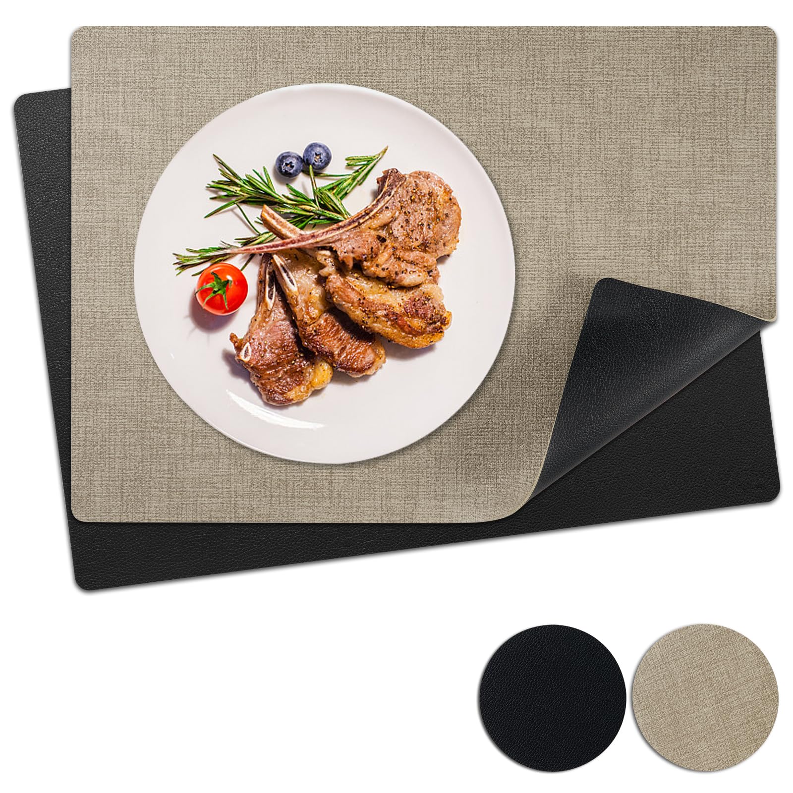 2-Pack Heat & Stain Resistant Placemats Set with Coasters - Dual Sided Faux Leather Table Mats, Non-Slip Waterproof Oil-Proof, Washable & Wipeable for Dining Room, Kitchen, Patio, and Outdoor Tables