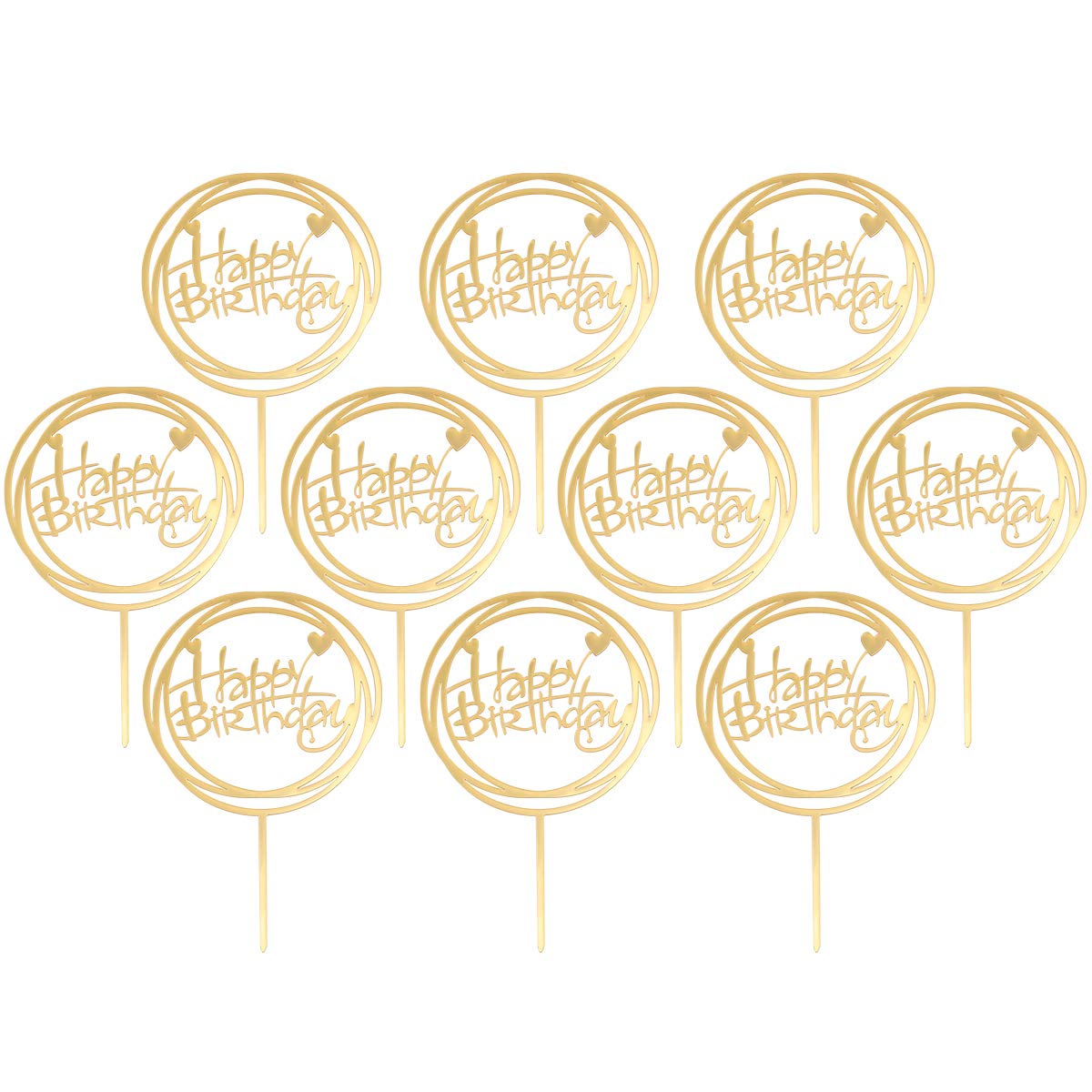 DOITOOL 10-Piece Round Acrylic Cake Toppers - Happy Birthday Fruit Picks for Dessert Table Decorations (Golden) | Perfect for Birthday Parties, Baby Showers & Wedding Cake Decorations