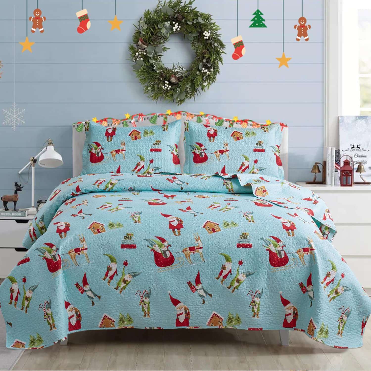 Christmas Quilt Set Queen/Full Size - 3pc Light Blue Santa Bedding for Holiday Decor