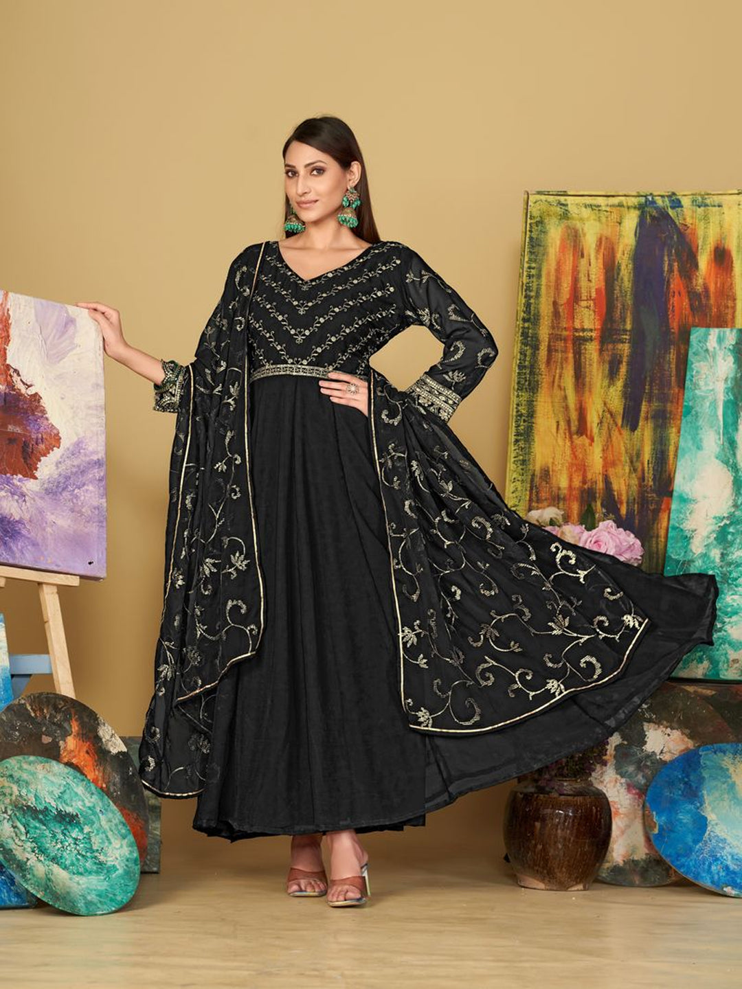 Elegant Black Designer Semi-Stitched Anarkali Dress with Intricate Embroidery - Perfect for Weddings, Parties & Special Occasions