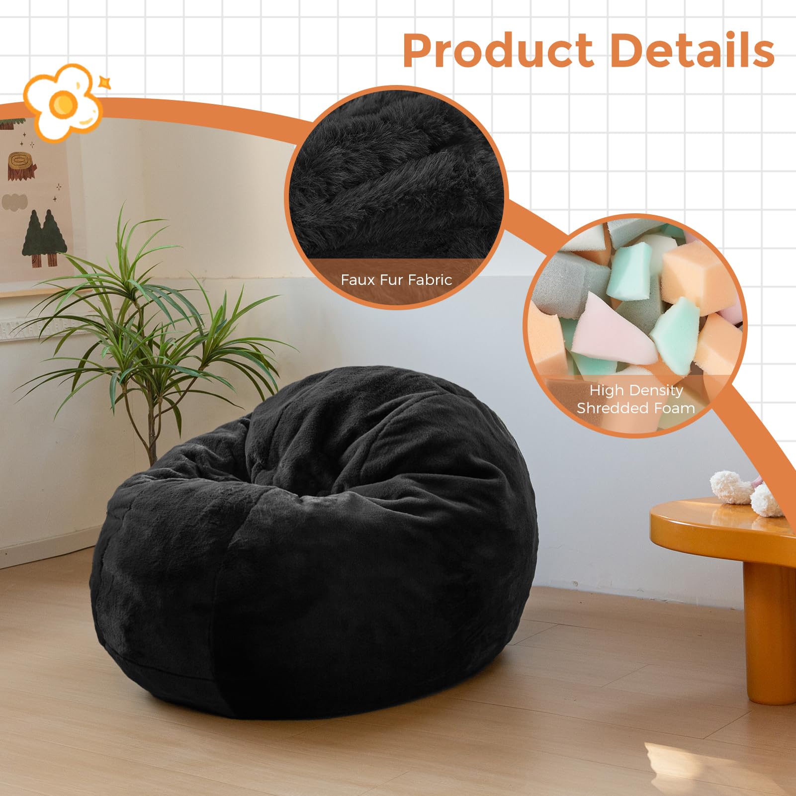 MAXYOYO 3-in-1 Kids Bean Bag Chair Bed - Convertible Faux Fur Floor Sofa for Children's Room, Gaming & Reading Nook - Soft Round Lounge Chair (Black) | Perfect for Playrooms, Bedrooms & Dorm Relaxation