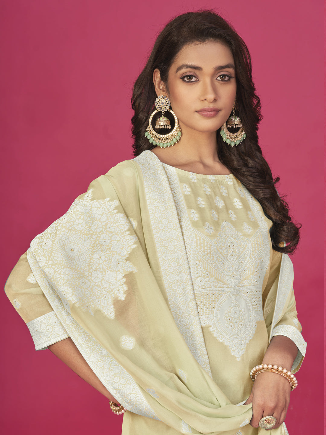 Elegant Beige Designer Organza Pant Suit with Wevon Embroidery - Perfect for Weddings, Parties & Special Occasions