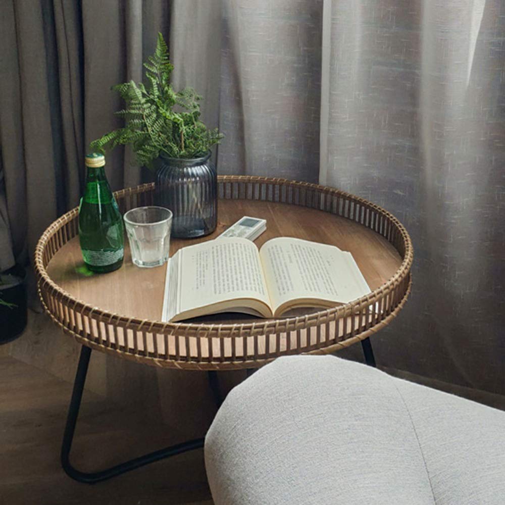 Wrought Iron Rattan Side Table - 23×18 Inch Small Round Coffee Table for Living Room, Sofa, Bedroom & Patio - Rustic End Table with Storage Shelf for Home Decor