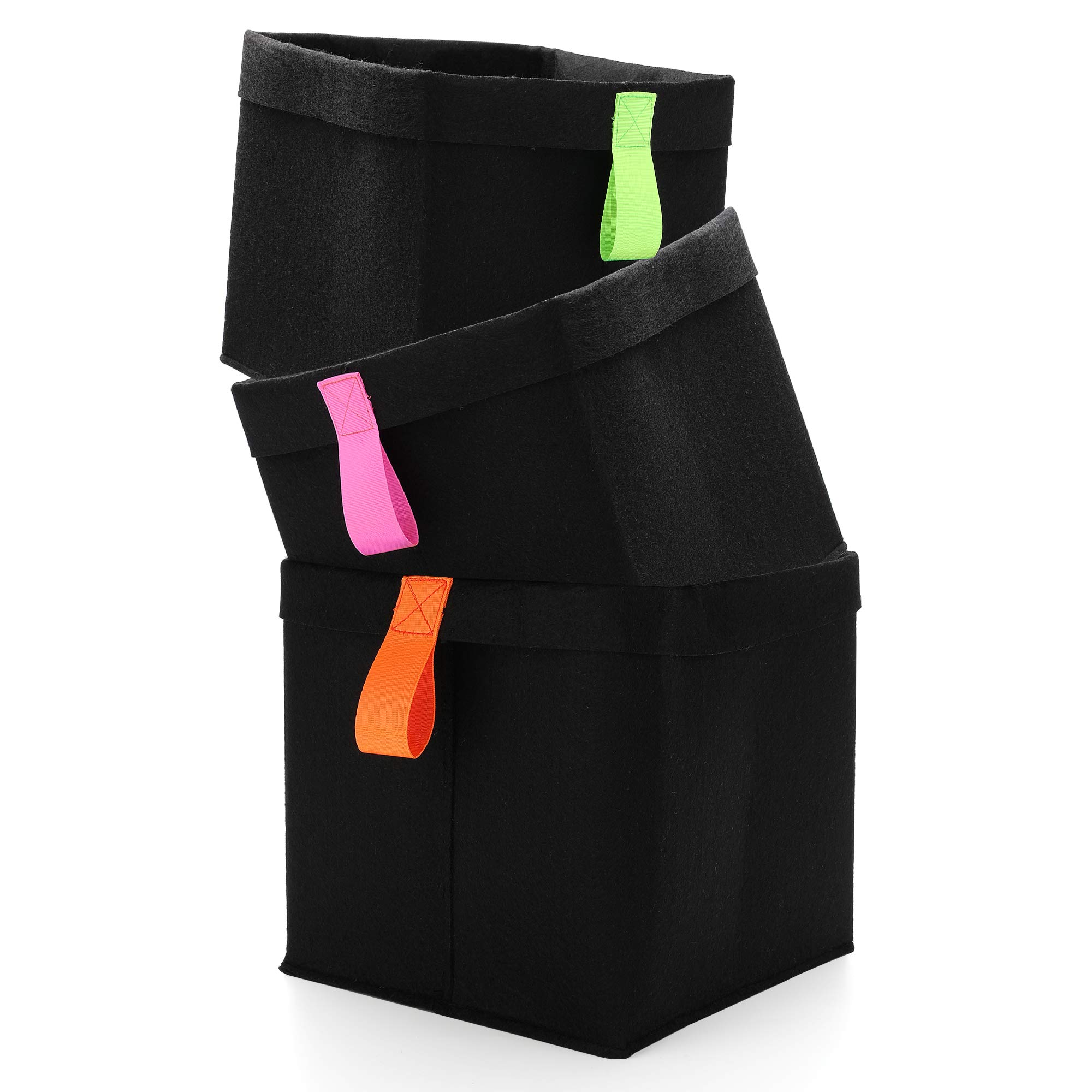 WELAXY 3-Pack Foldable Felt Storage Baskets with Handles - Organize Keys, Accessories & Small Items - Perfect for Shelves, Closets & Home Organization (Black)